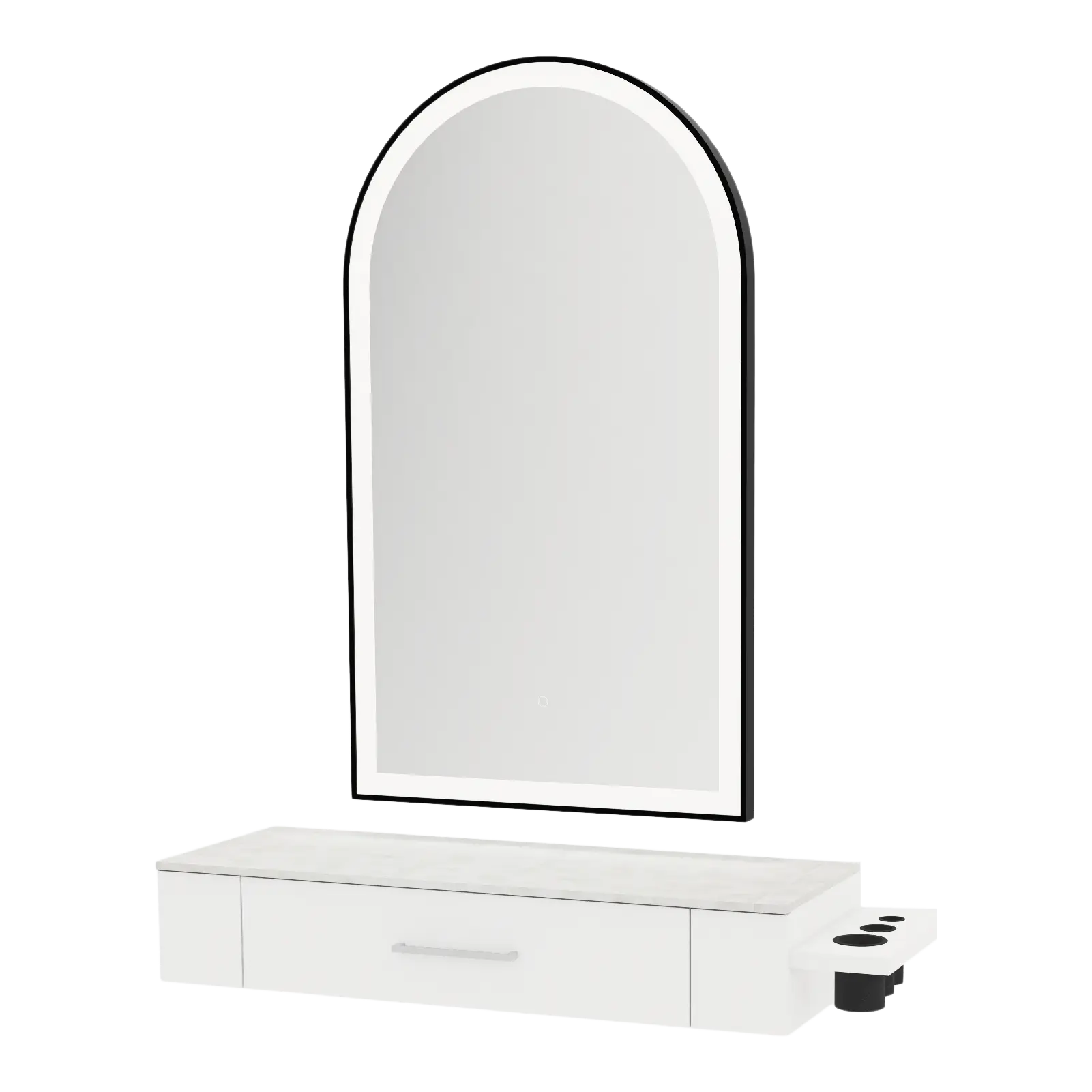 Nova Wall Mount Styling Station with Side-Mount Appliance Holder, Solid Surface Countertop, and Black Arch Paloma Mirror