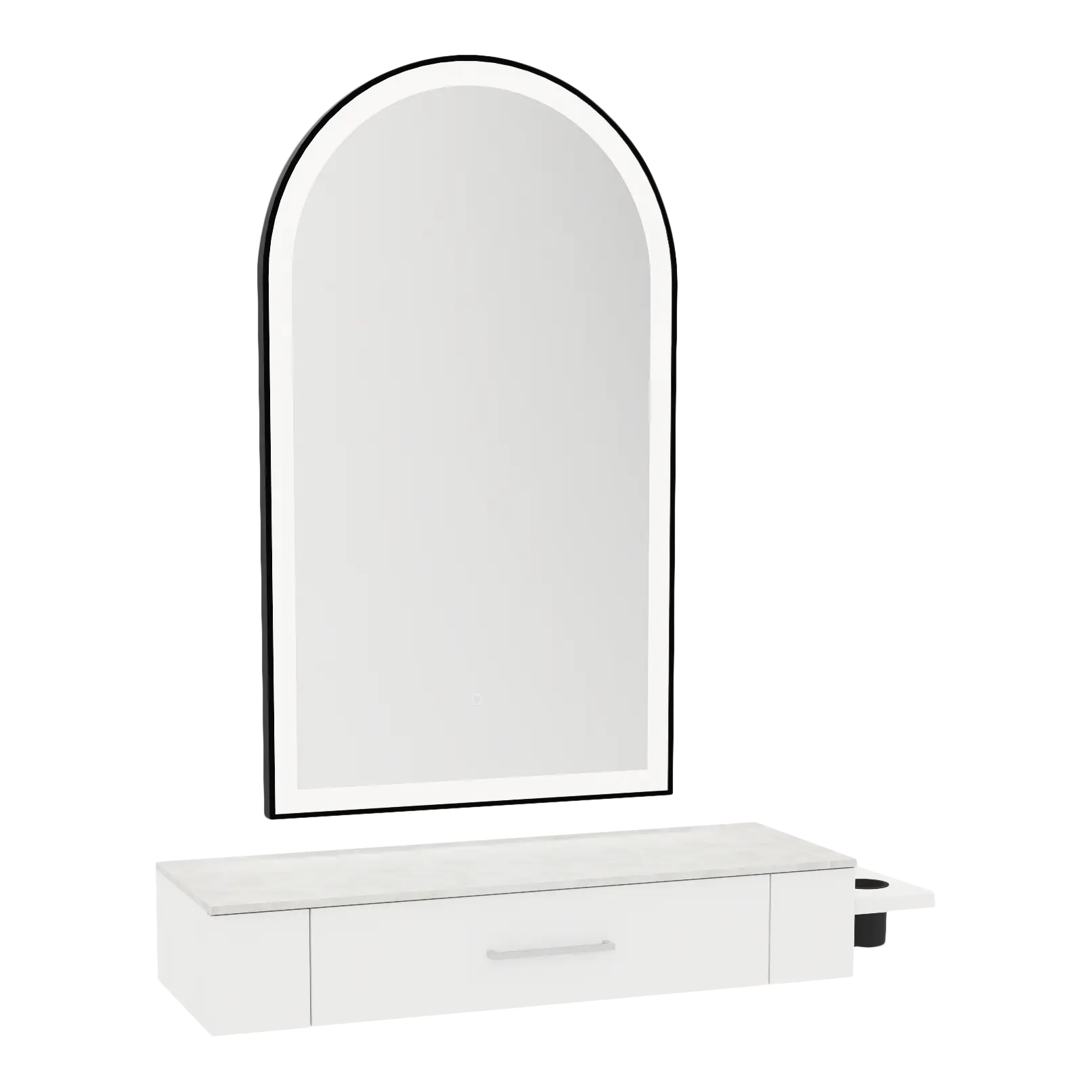 Nova Wall Mount Styling Station with Side-Mount Appliance Holder, Solid Surface Countertop, and Black Arch Paloma Mirror