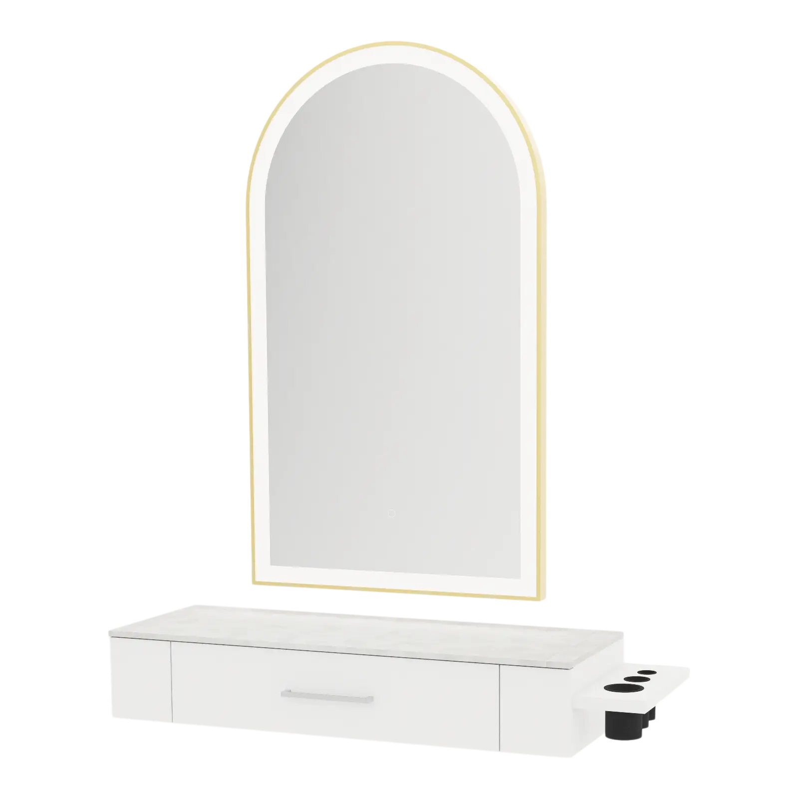 Nova Wall Mount Styling Station with Side-Mount Appliance Holder, Solid Surface Countertop and Gold Paloma Arch Mirror