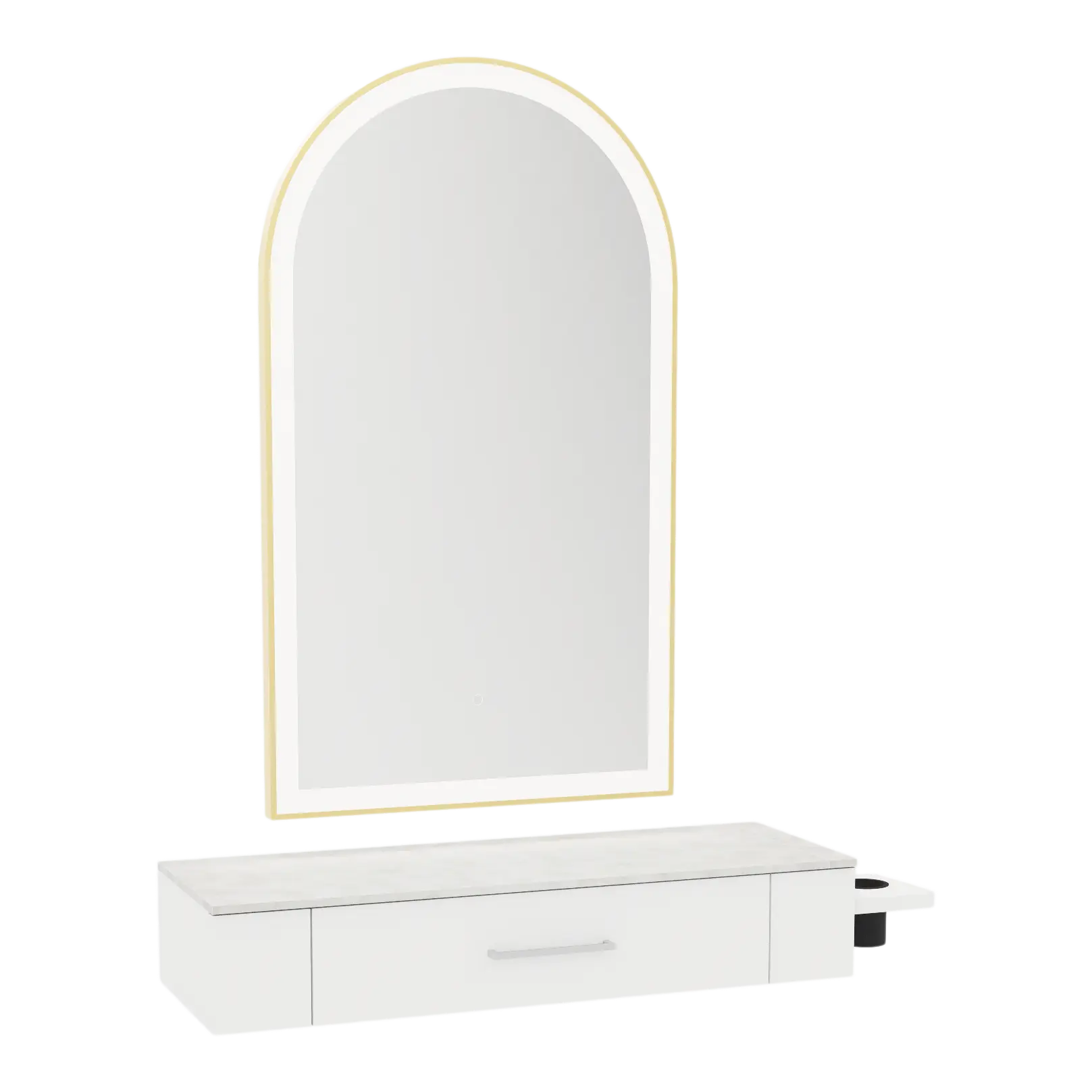 Nova Wall Mount Styling Station with Side-Mount Appliance Holder, Solid Surface Countertop and Gold Paloma Arch Mirror