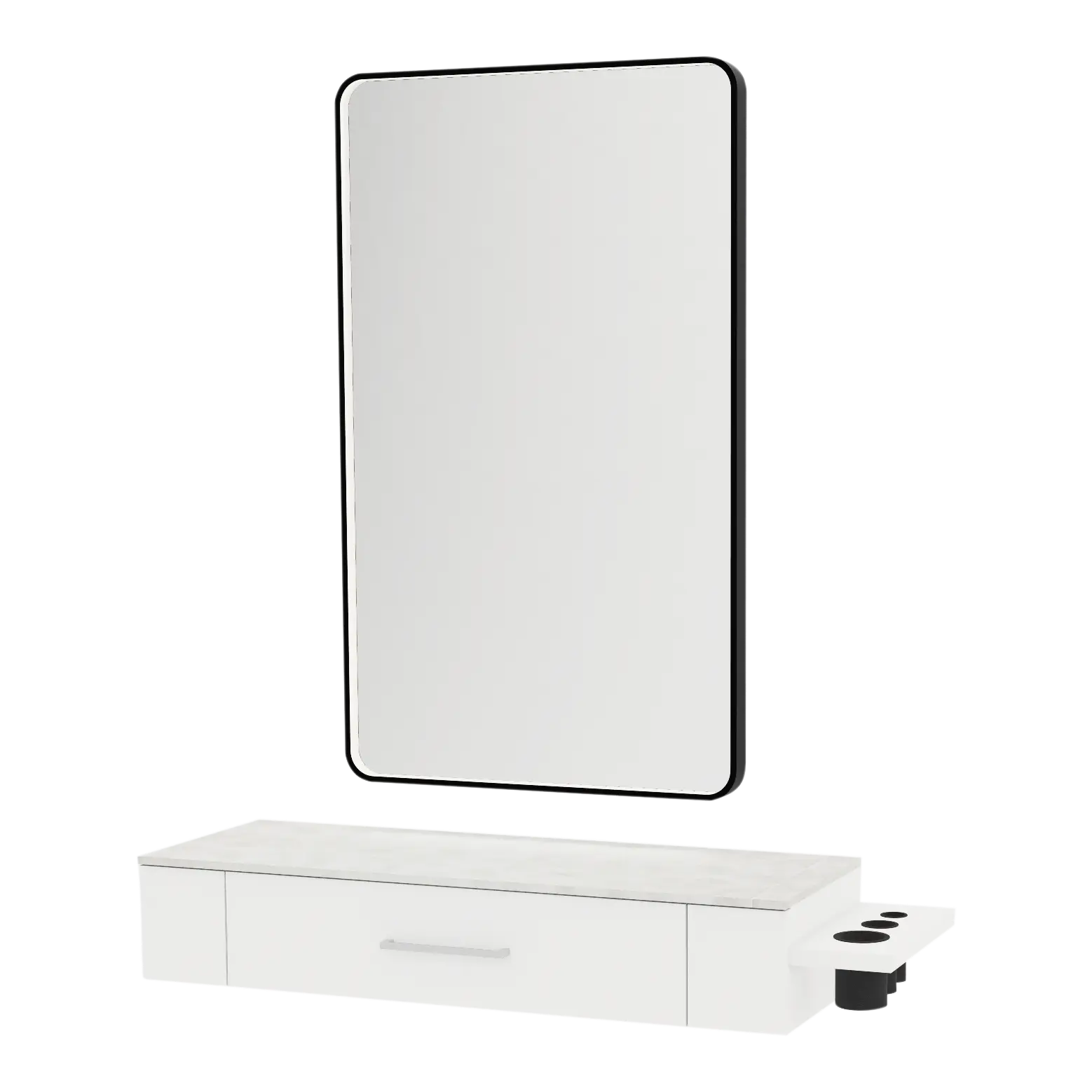 Nova Wall Mount Styling Station with Side-Mount Appliance Holder, Solid Surface Countertop, and Black Rectangle Westin Mirror