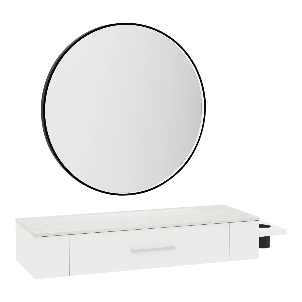 Nova Wall Mount Styling Station with Side-Mount Appliance Holder, Solid Surface Countertop, and Black Round Westin Mirror