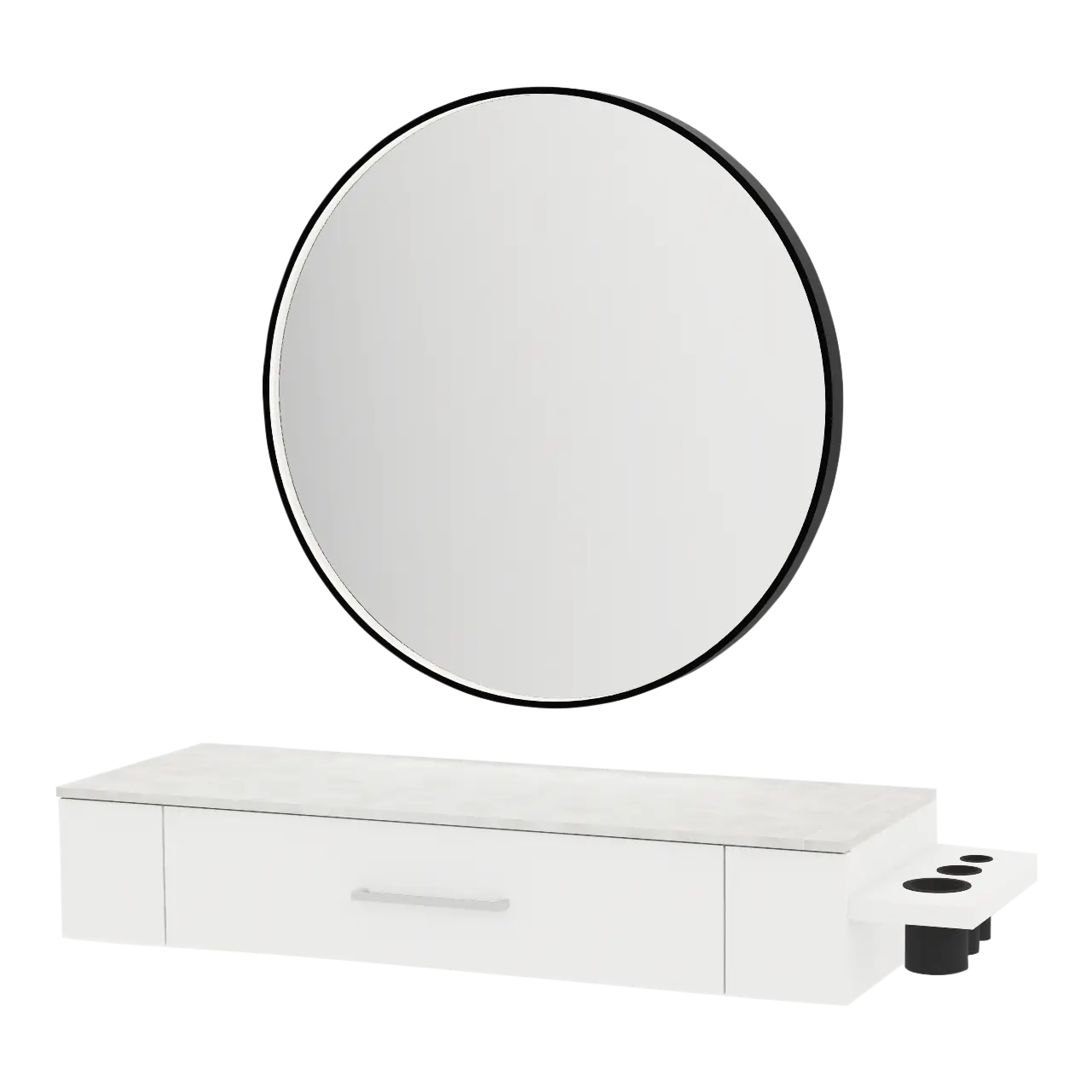 Nova Wall Mount Styling Station with Side-Mount Appliance Holder, Solid Surface Countertop, and Black Round Westin Mirror