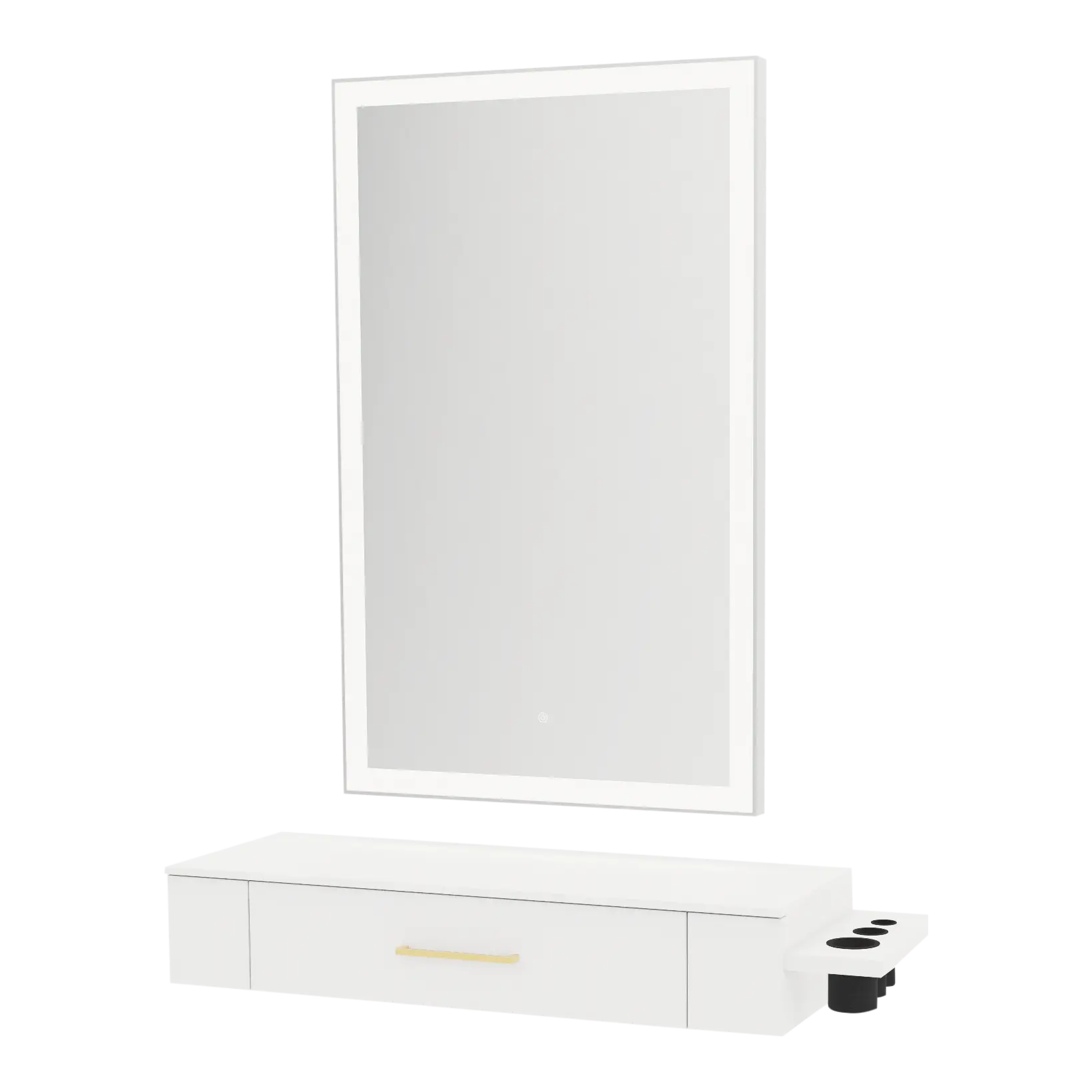 Nova Wall Mount Styling Station with Side-Mount Appliance Holder, Solid Surface Countertop and Silver Rectangle Glo Mirror