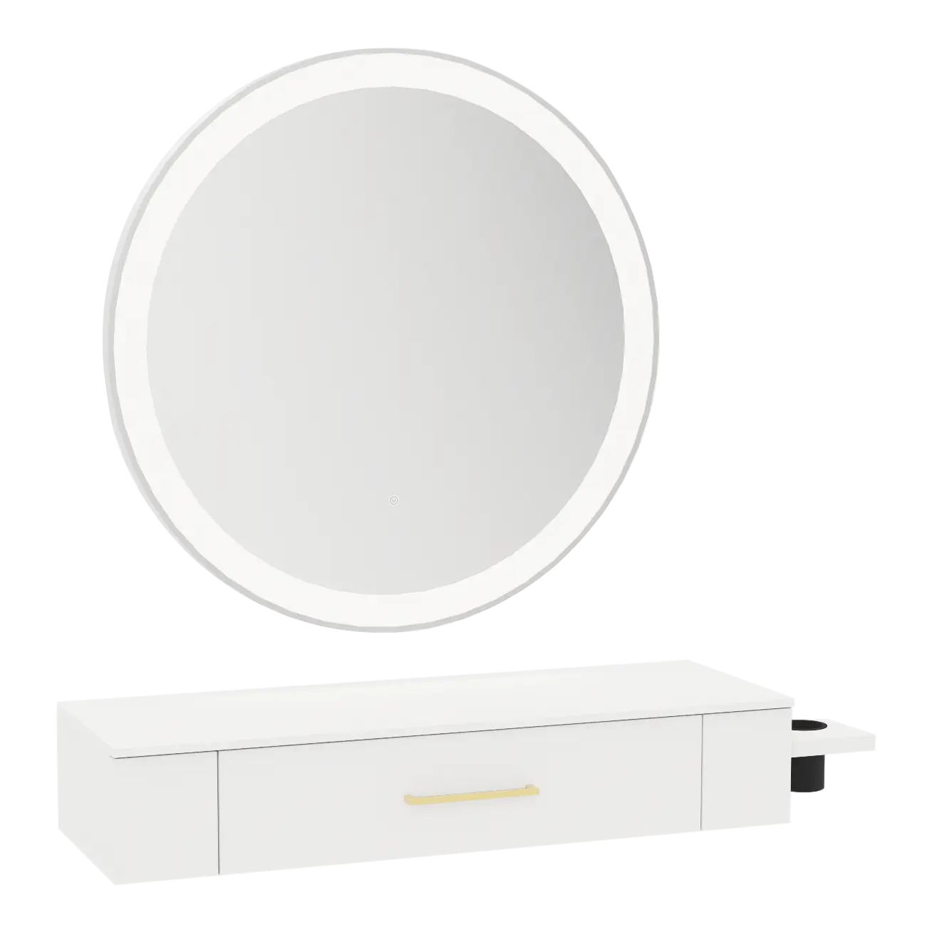 Nova Wall Mount Styling Station with Side-Mount Appliance Holder, Solid Surface Countertop, and Silver Round Glo Mirror