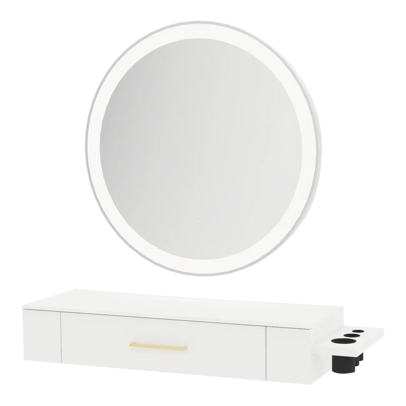 Nova Wall Mount Styling Station with Side-Mount Appliance Holder, Solid Surface Countertop, and Silver Round Glo Mirror