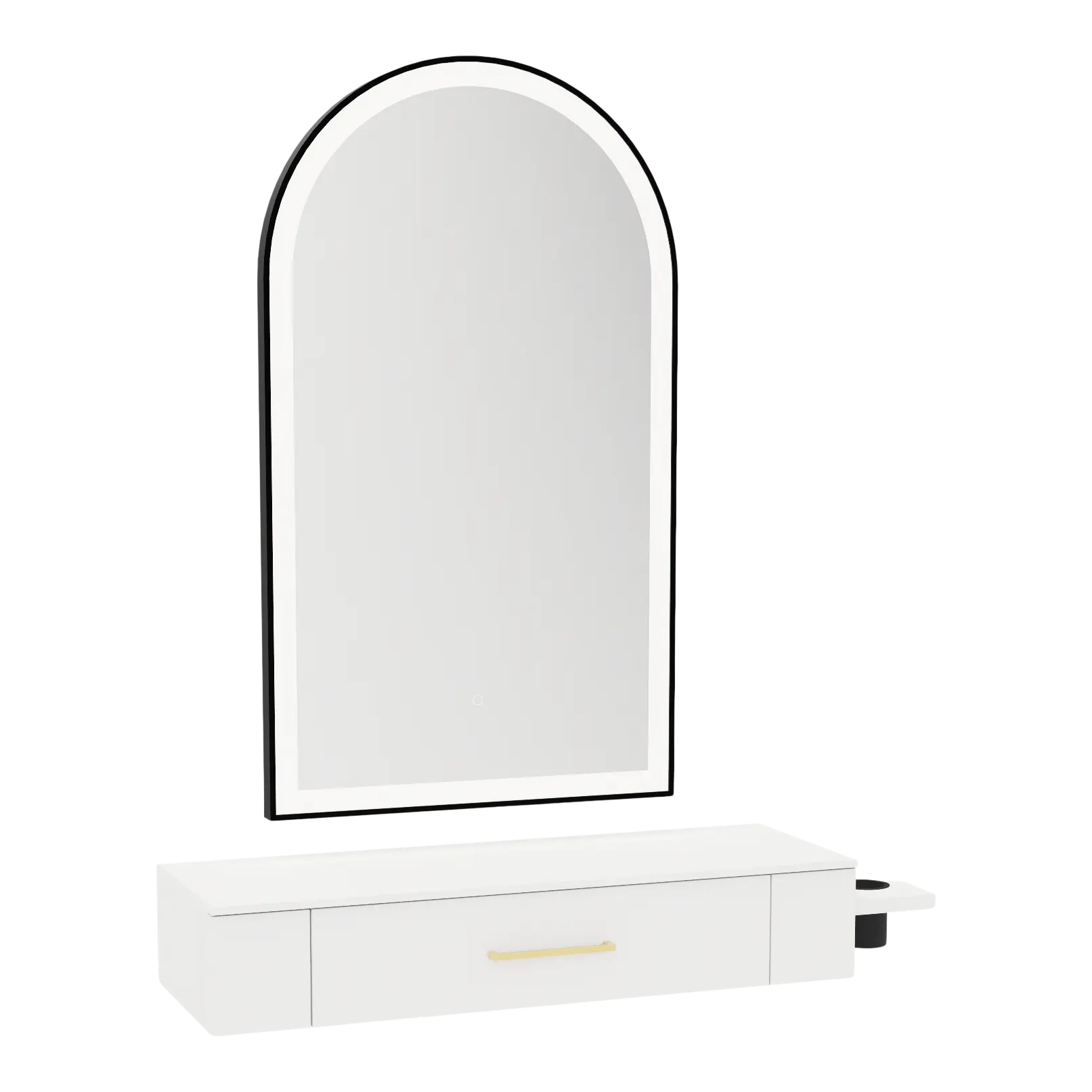 Nova Wall Mount Styling Station with Side-Mount Appliance Holder, Solid Surface Countertop, and Black Arch Paloma Mirror