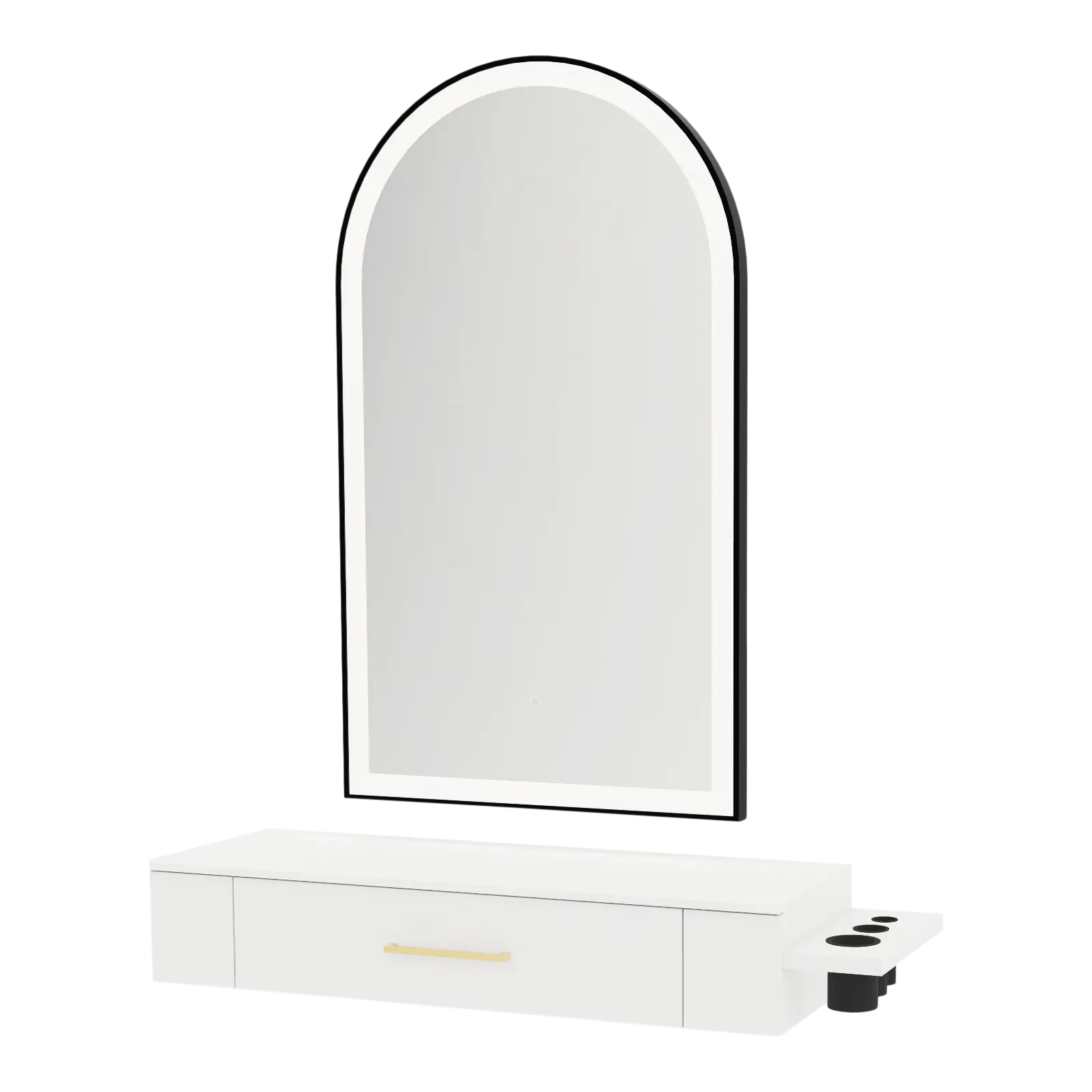 Nova Wall Mount Styling Station with Side-Mount Appliance Holder, Solid Surface Countertop, and Black Arch Paloma Mirror