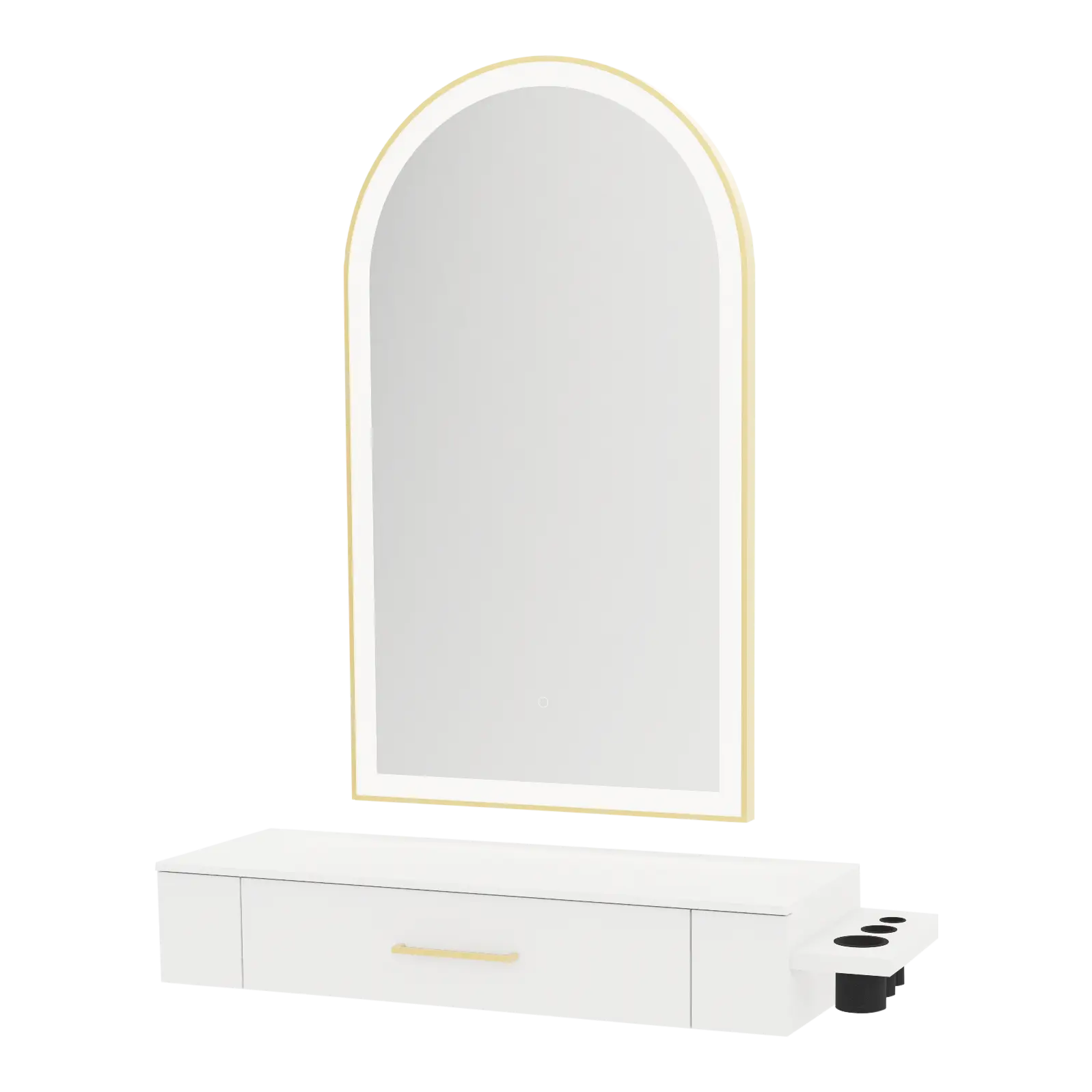 Nova Wall Mount Styling Station with Side-Mount Appliance Holder, Solid Surface Countertop and Gold Paloma Arch Mirror