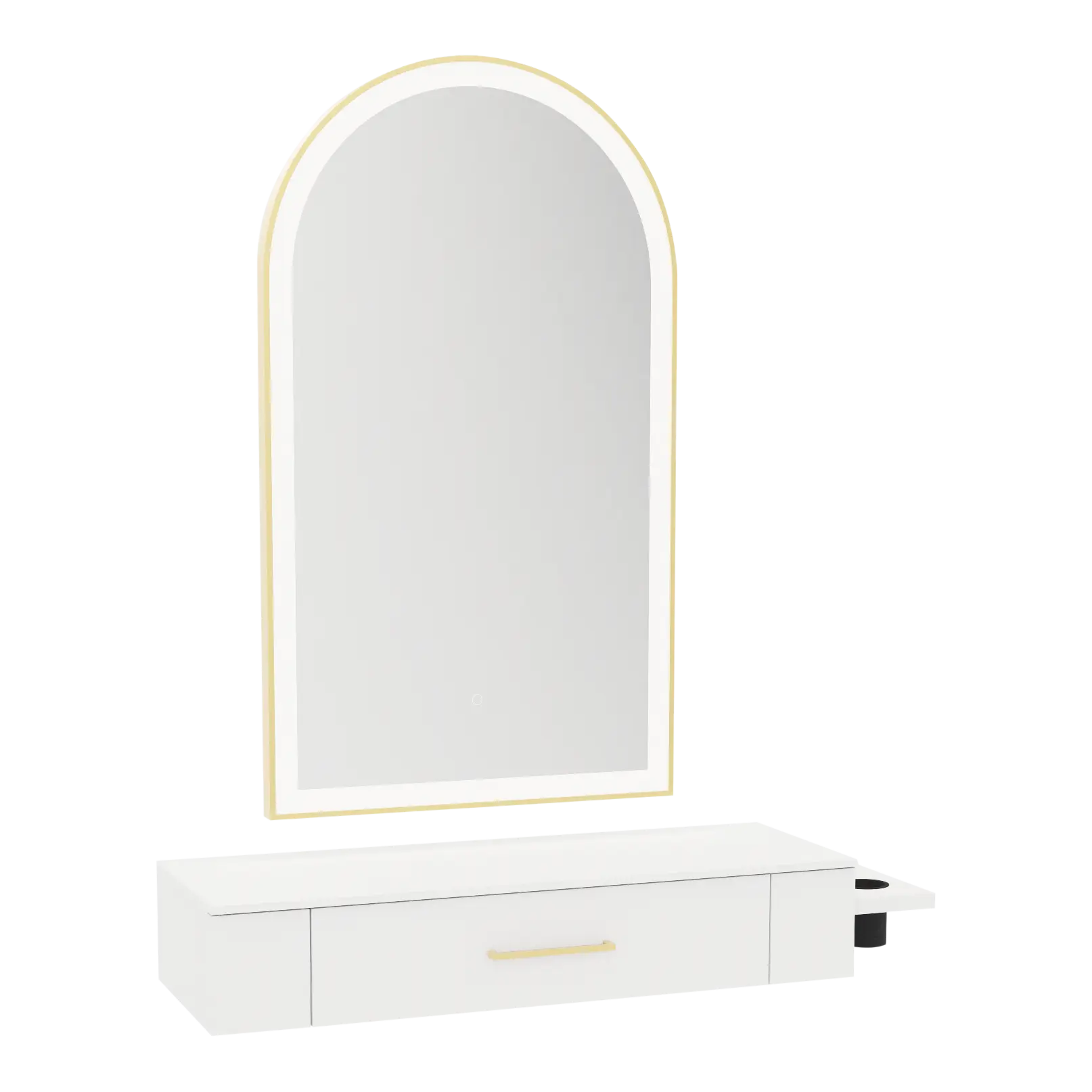 Nova Wall Mount Styling Station with Side-Mount Appliance Holder, Solid Surface Countertop and Gold Paloma Arch Mirror