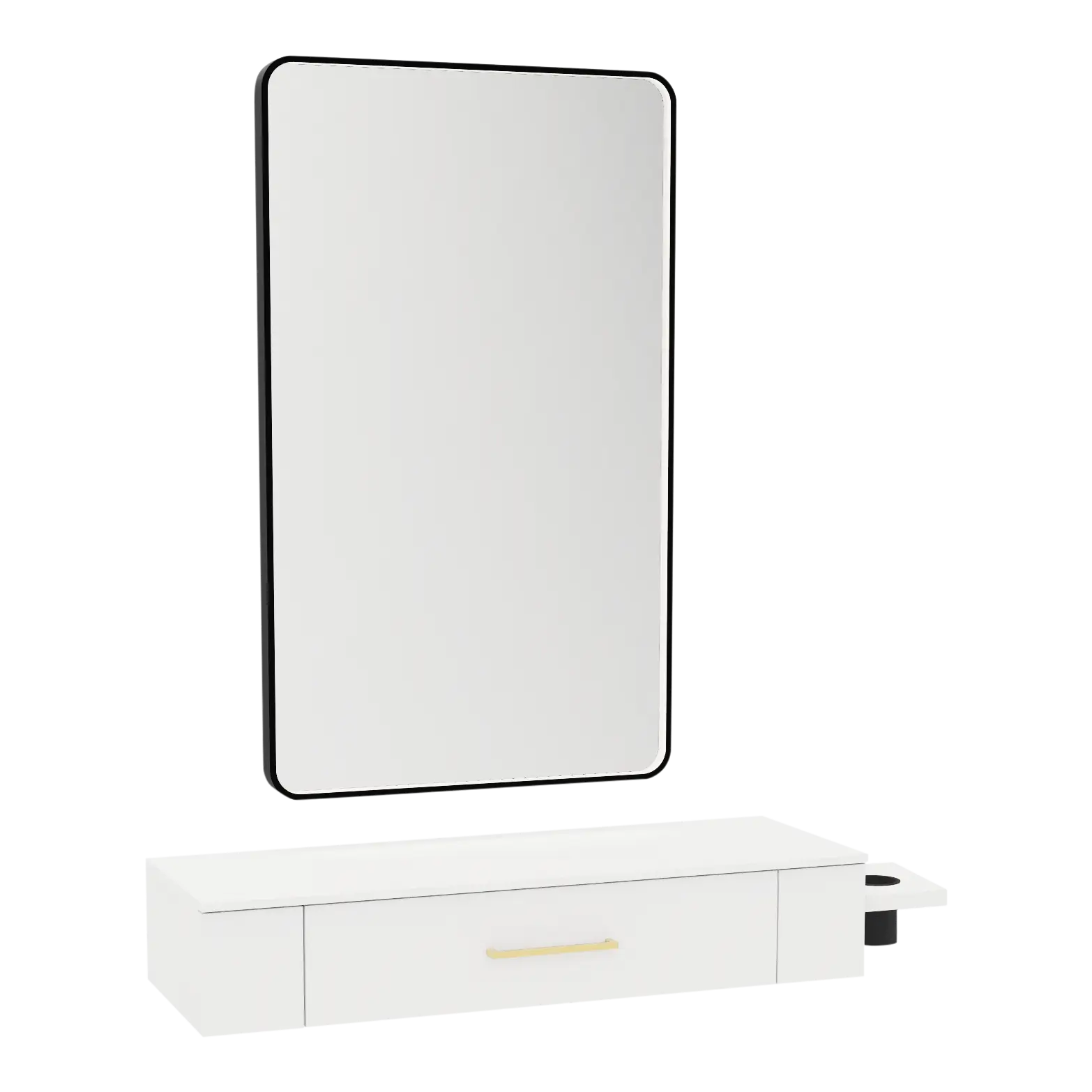 Nova Wall Mount Styling Station with Side-Mount Appliance Holder, Solid Surface Countertop, and Black Rectangle Westin Mirror