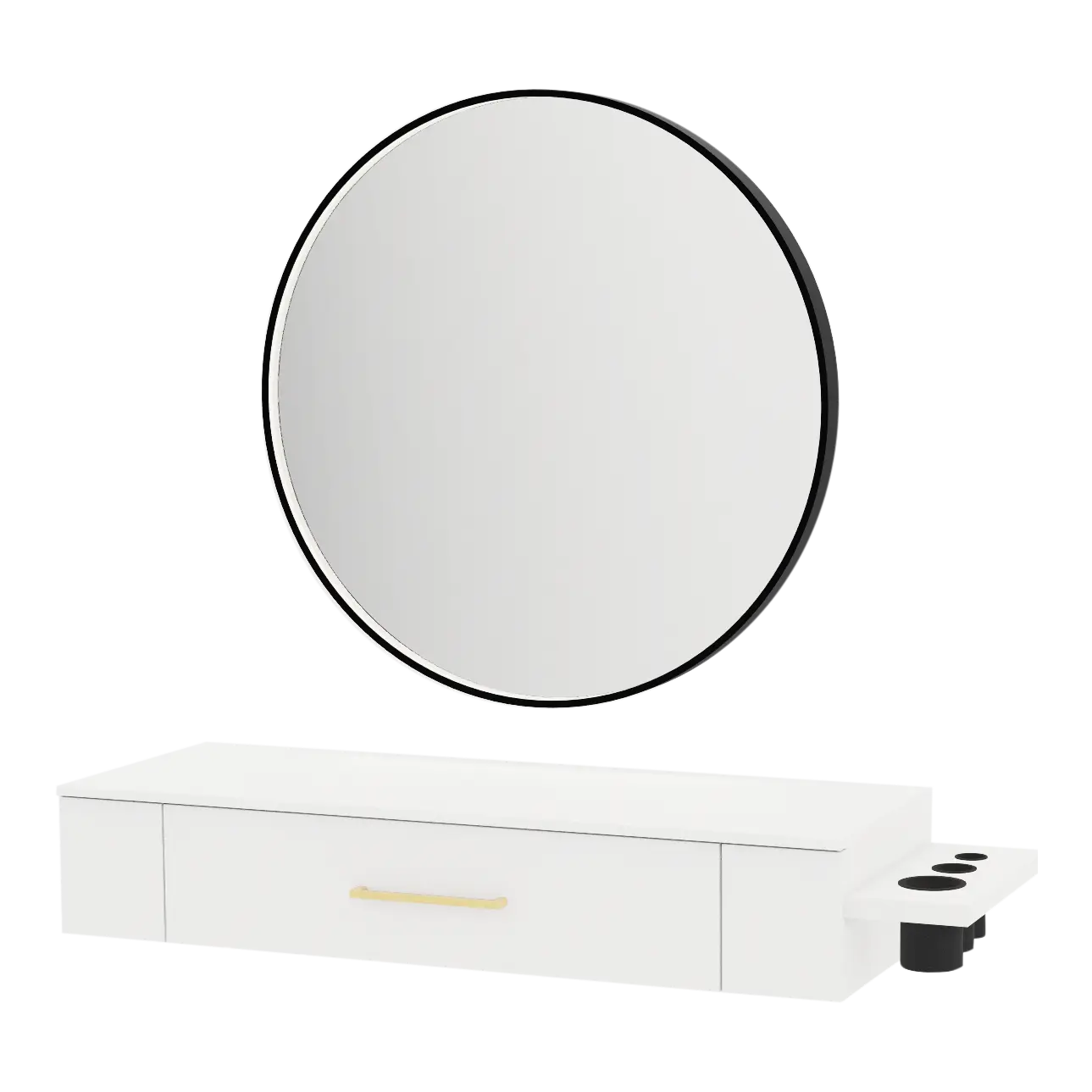 Nova Wall Mount Styling Station with Side-Mount Appliance Holder, Solid Surface Countertop, and Black Round Westin Mirror