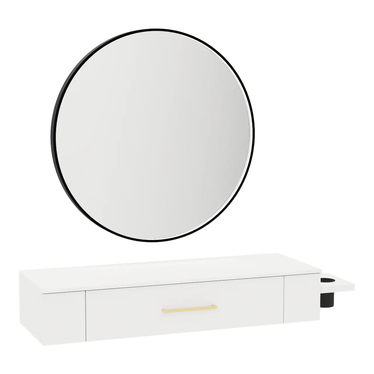 Nova Wall Mount Styling Station with Side-Mount Appliance Holder, Solid Surface Countertop, and Black Round Westin Mirror