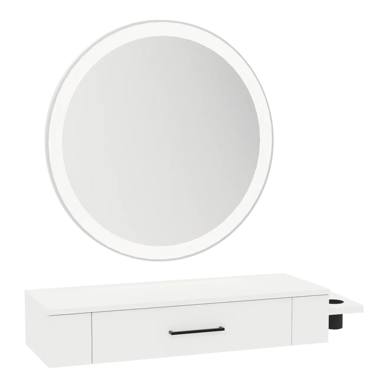 Nova Wall Mount Styling Station with Side-Mount Appliance Holder and Silver Round Glo Mirror