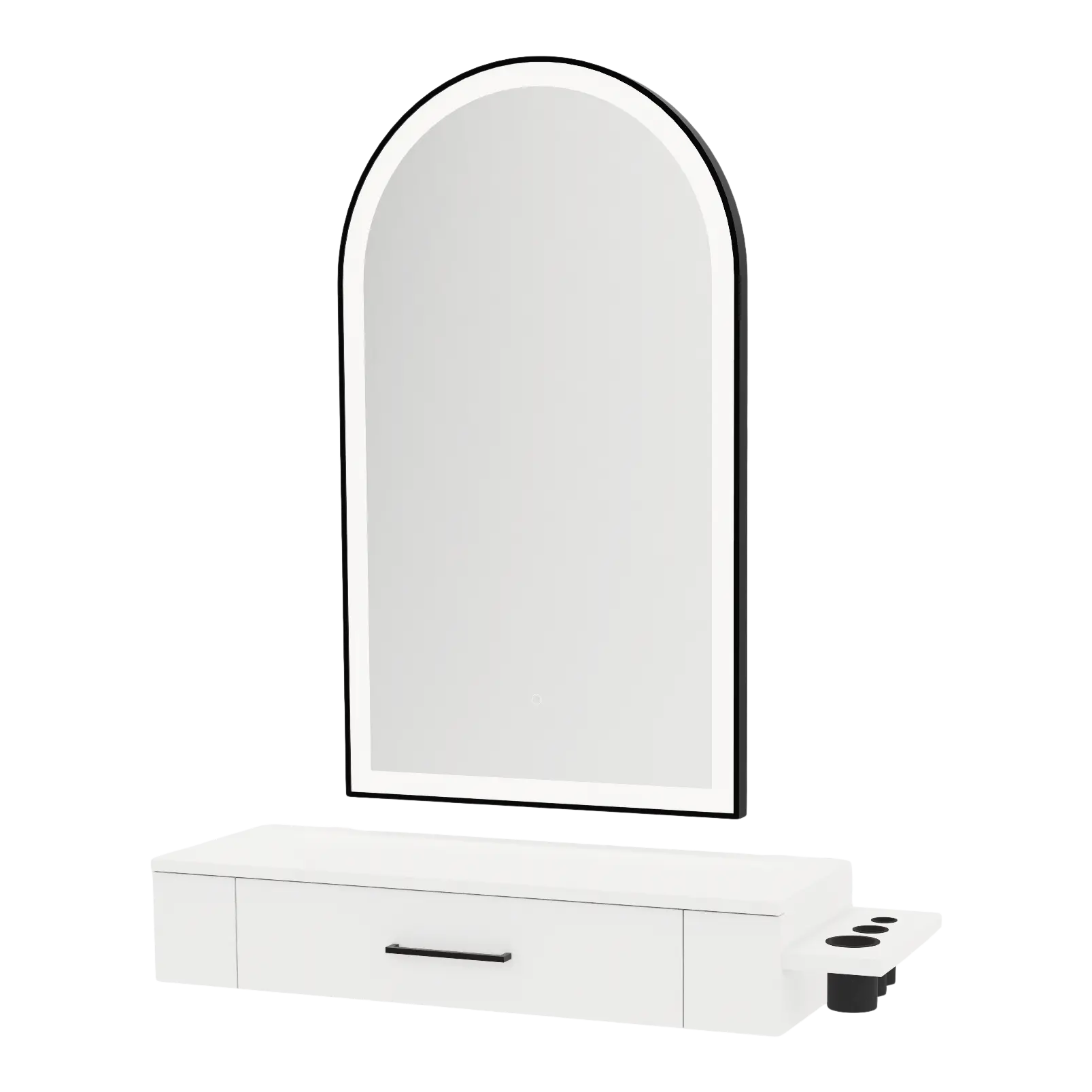 Nova Wall Mount Styling Station with Side-Mount Appliance Holder and Black Paloma Arch Mirror
