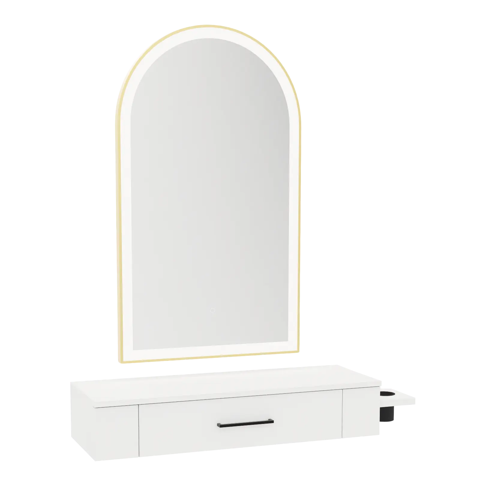 Nova Wall Mount Styling Station with Side-Mount Appliance Holder and Gold Paloma Arch Mirror