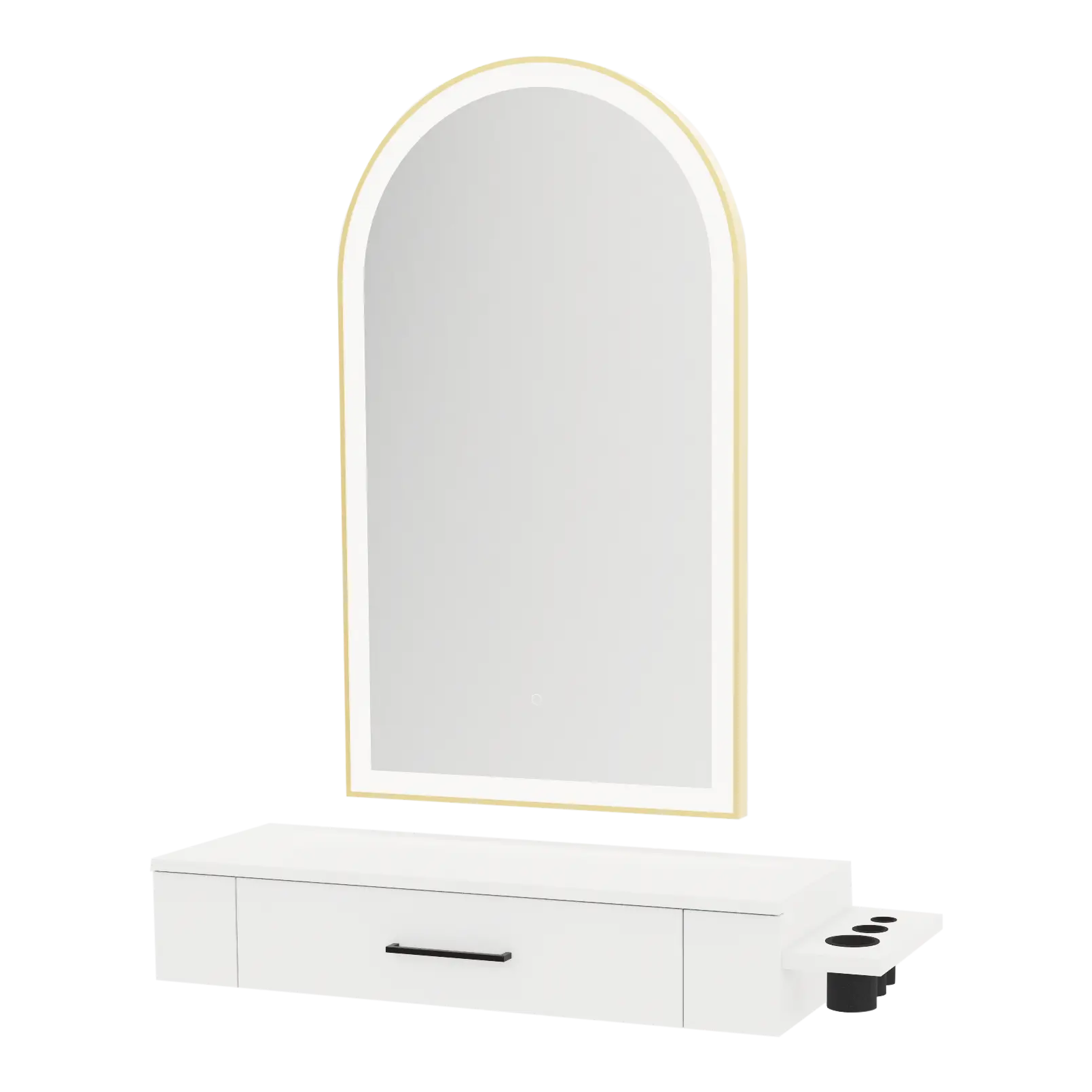 Nova Wall Mount Styling Station with Side-Mount Appliance Holder and Gold Paloma Arch Mirror