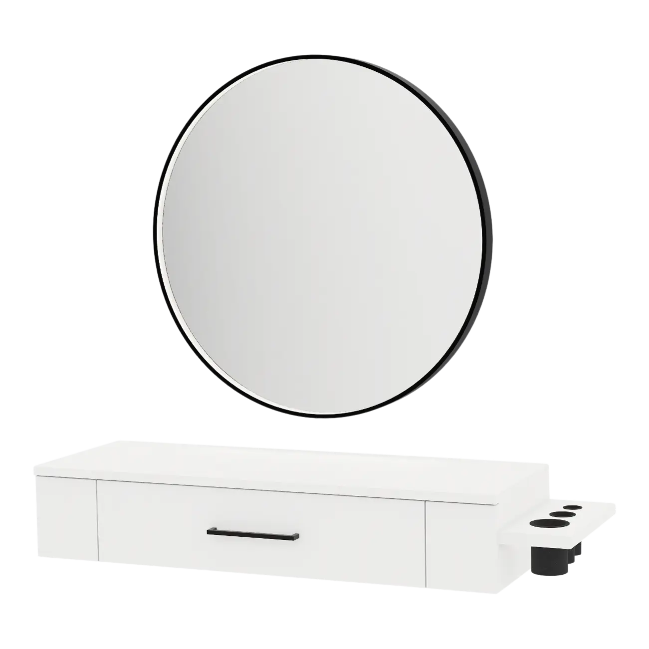 Nova Wall Mount Styling Station with Side-Mount Appliance Holder and Black Round Westin Mirror