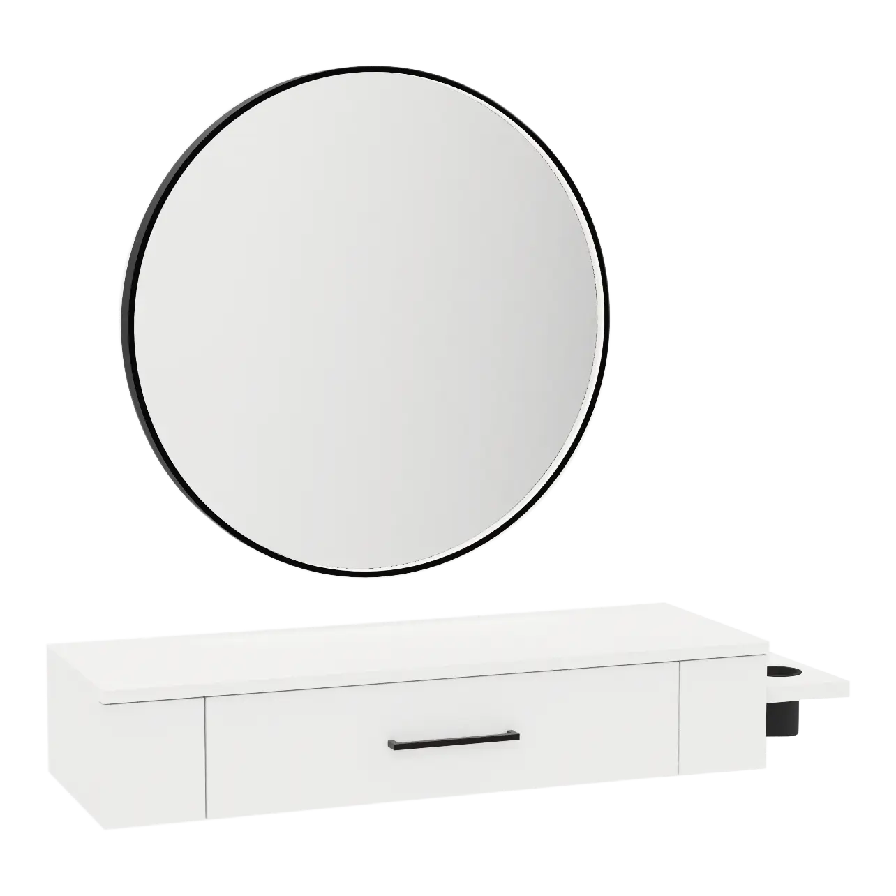 Nova Wall Mount Styling Station with Side-Mount Appliance Holder and Black Round Westin Mirror