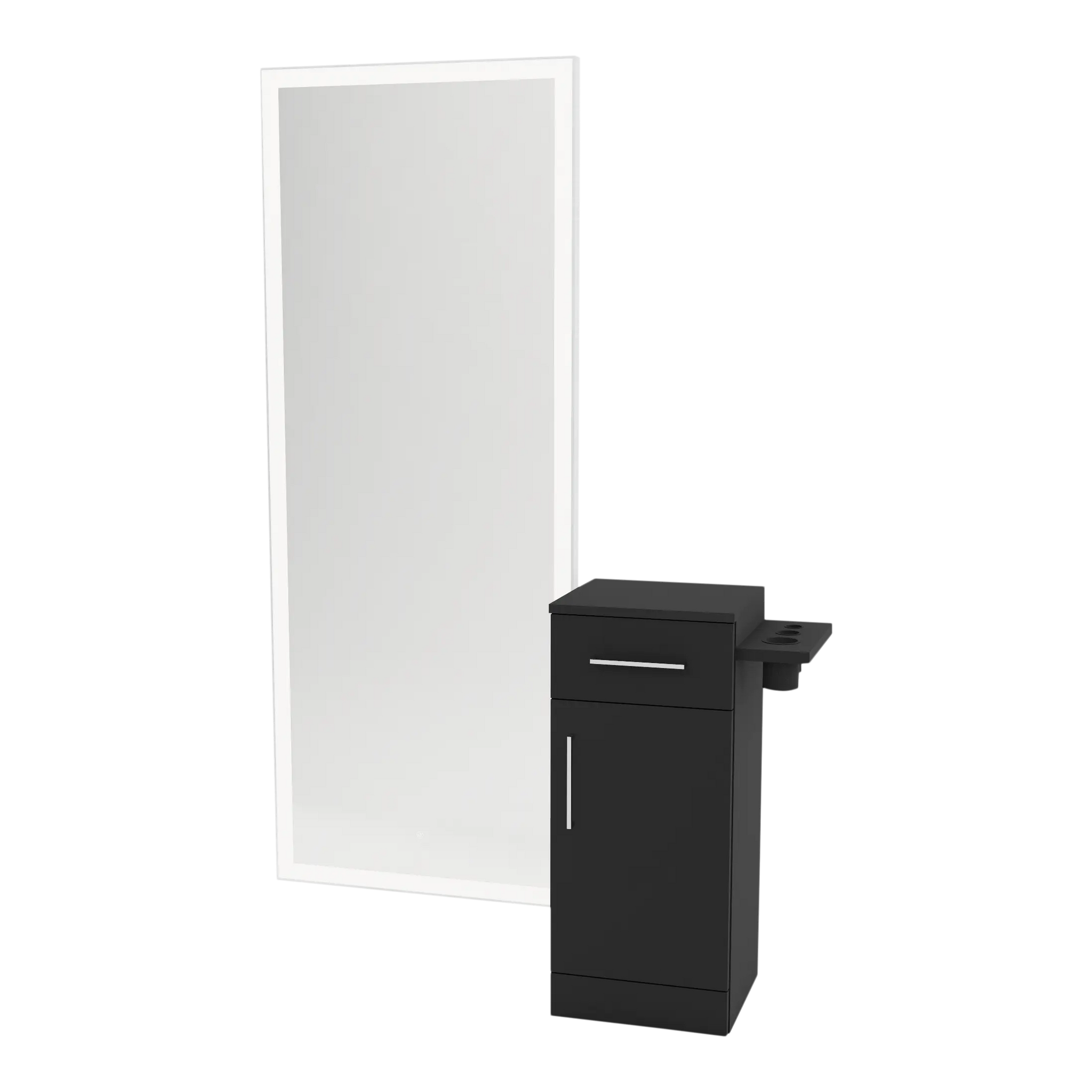 Nova Tower Free Standing Styling Station with Side-Mount Appliance Holder and Silver Full-Length Rectangle Glo Mirror