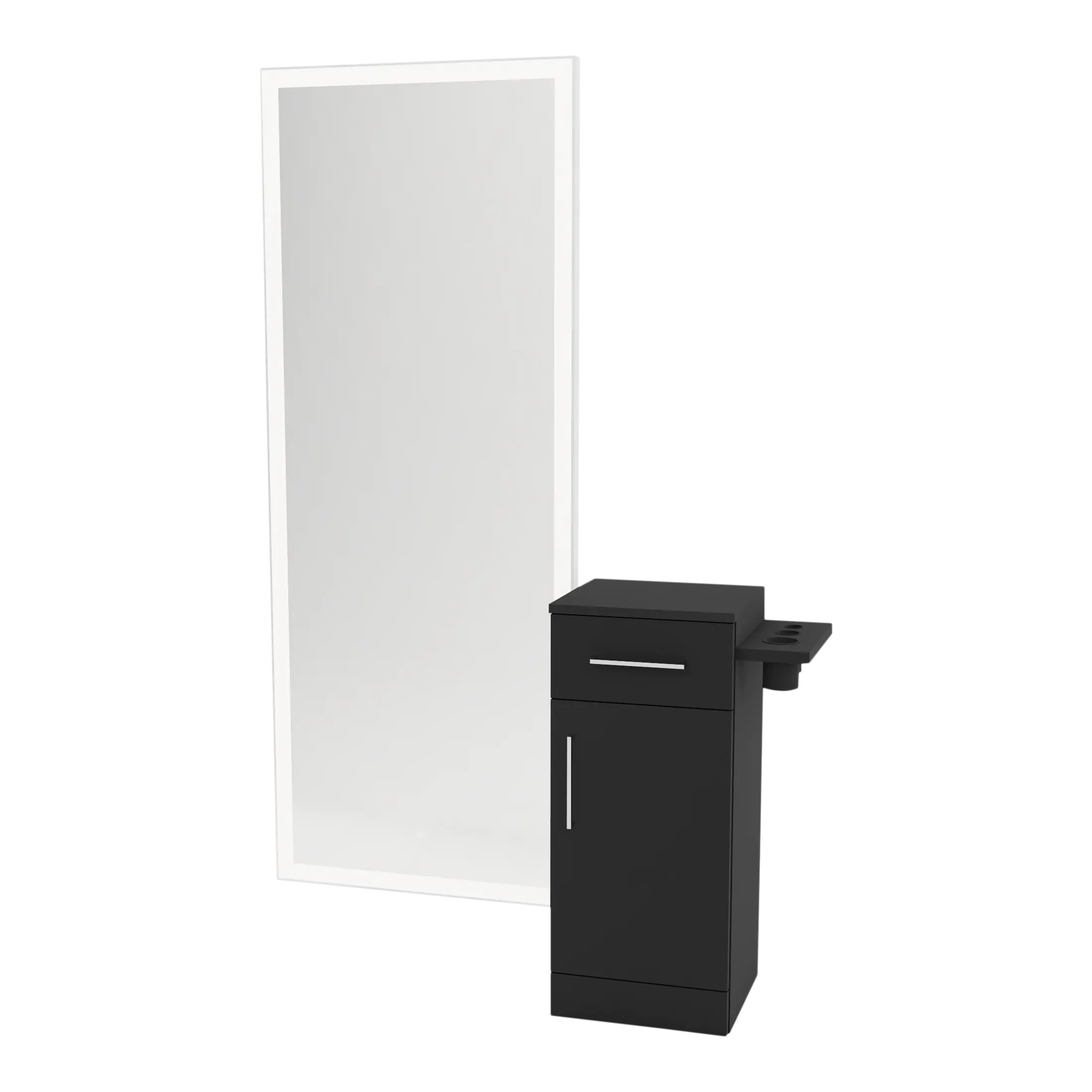 Nova Tower Free Standing Styling Station with Side-Mount Appliance Holder and Silver Full-Length Rectangle Glo Mirror