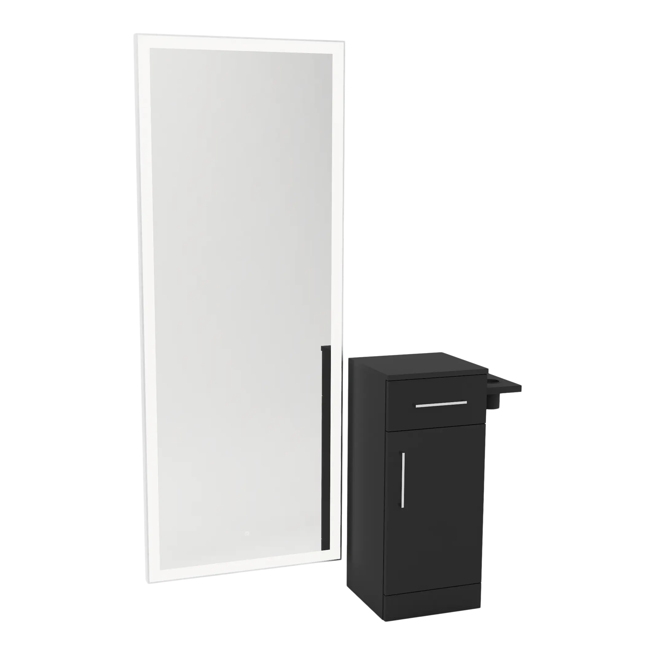 Nova Tower Free Standing Styling Station with Side-Mount Appliance Holder and Silver Full-Length Rectangle Glo Mirror