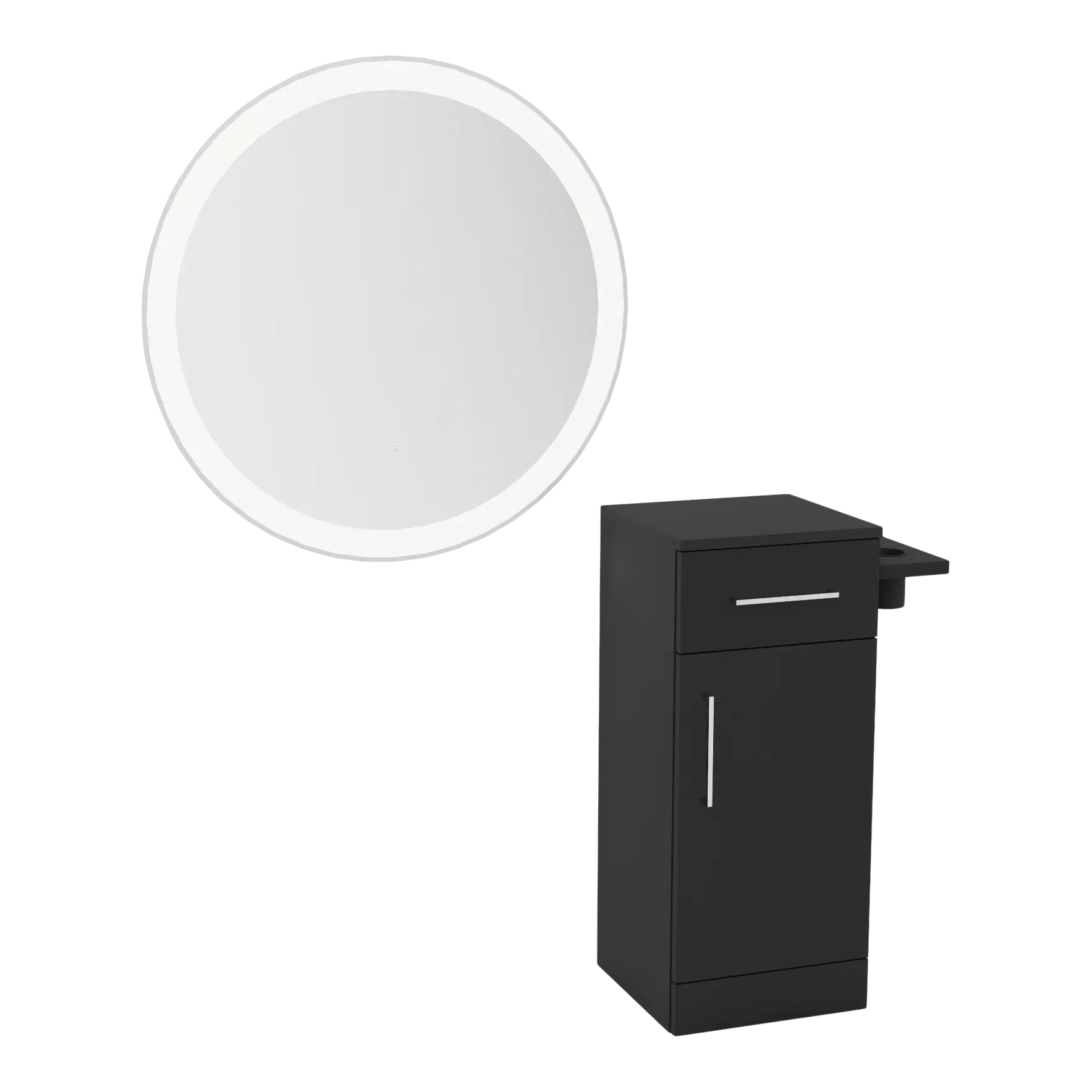Nova Tower Free Standing Styling Station with Side-Mount Appliance Holder and Silver Round Glo Mirror