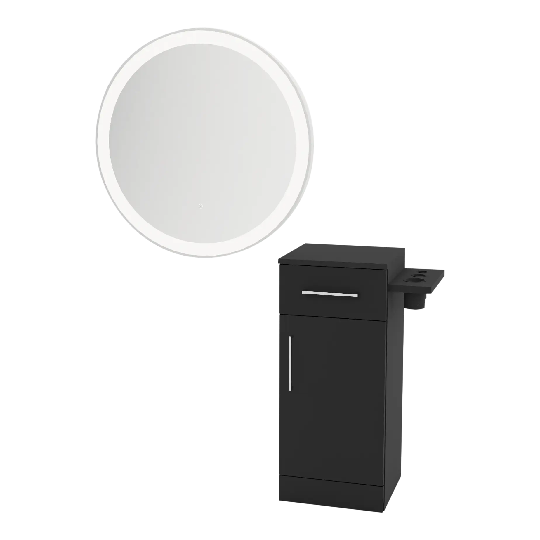 Nova Tower Free Standing Styling Station with Side-Mount Appliance Holder and Silver Round Glo Mirror