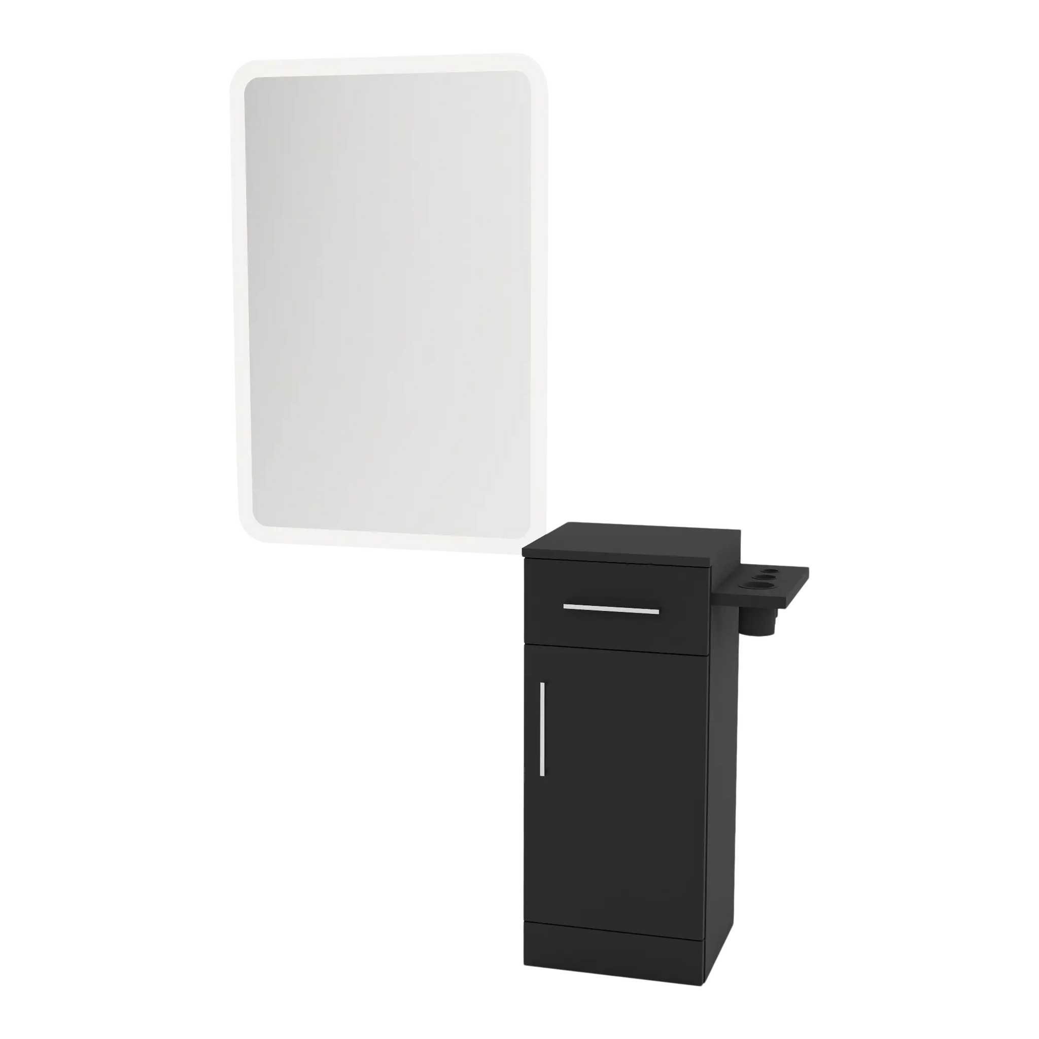 Nova Tower Free Standing Styling Station with Side-Mount Appliance Holder and White Rectangle Illuminate Back Lit Mirror