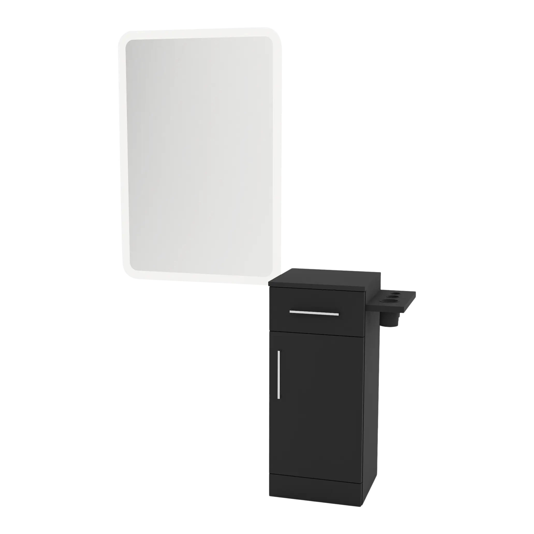 Nova Tower Free Standing Styling Station with Side-Mount Appliance Holder and White Rectangle Illuminate Back Lit Mirror