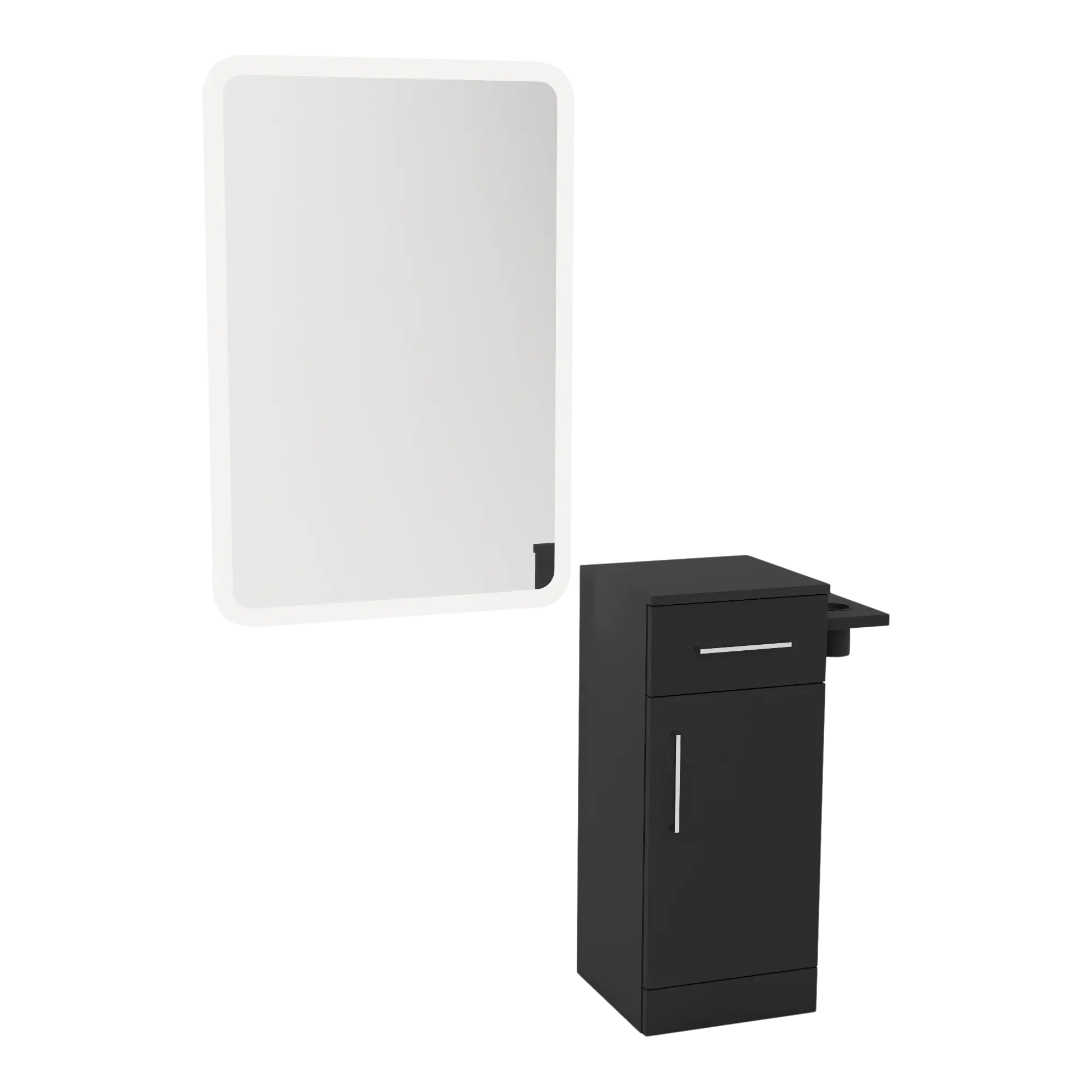 Nova Tower Free Standing Styling Station with Side-Mount Appliance Holder and White Rectangle Illuminate Back Lit Mirror