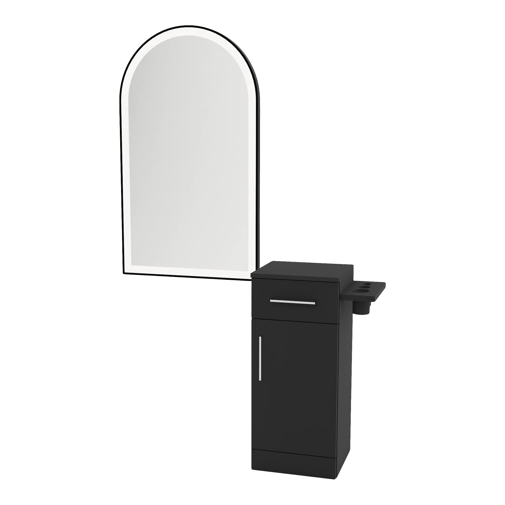 Nova Tower Free Standing Styling Station with Side-Mount Appliance Holder and Black Arch Paloma Mirror