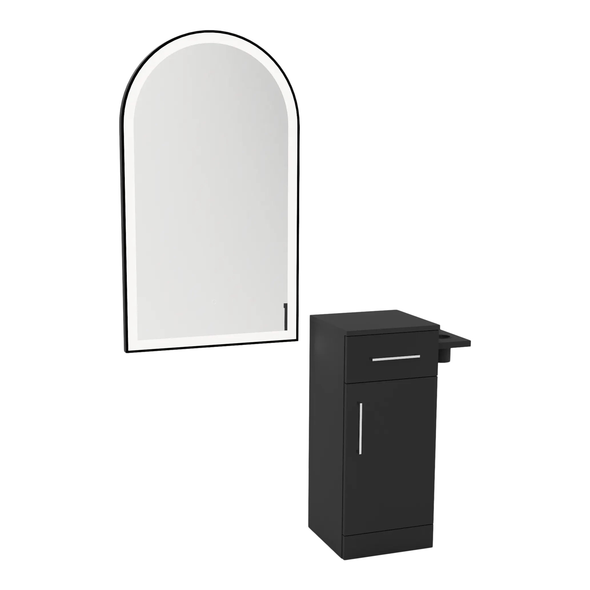 Nova Tower Free Standing Styling Station with Side-Mount Appliance Holder and Black Arch Paloma Mirror