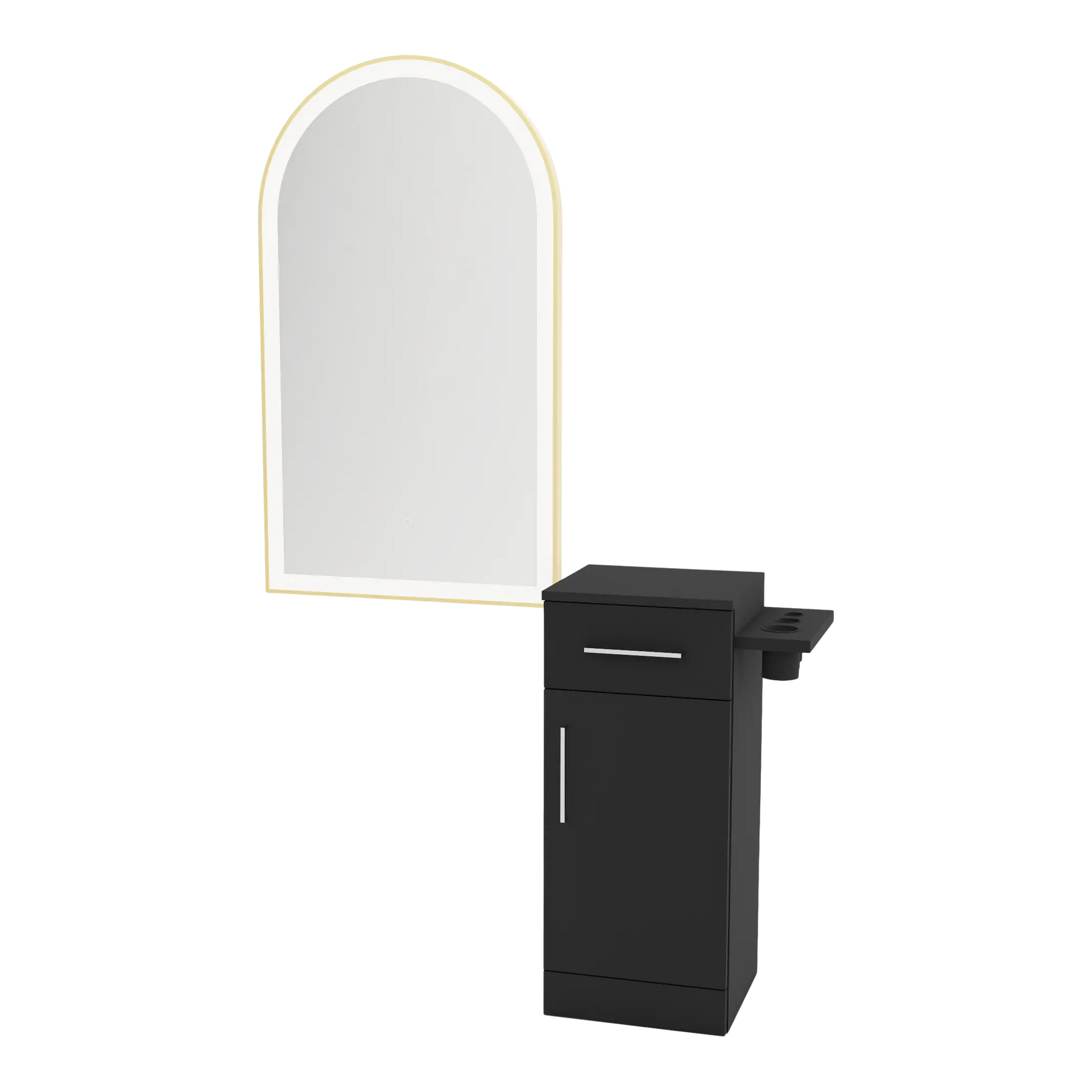 Nova Tower Free Standing Styling Station with Side-Mount Appliance Holder and Gold Arch Paloma Mirror