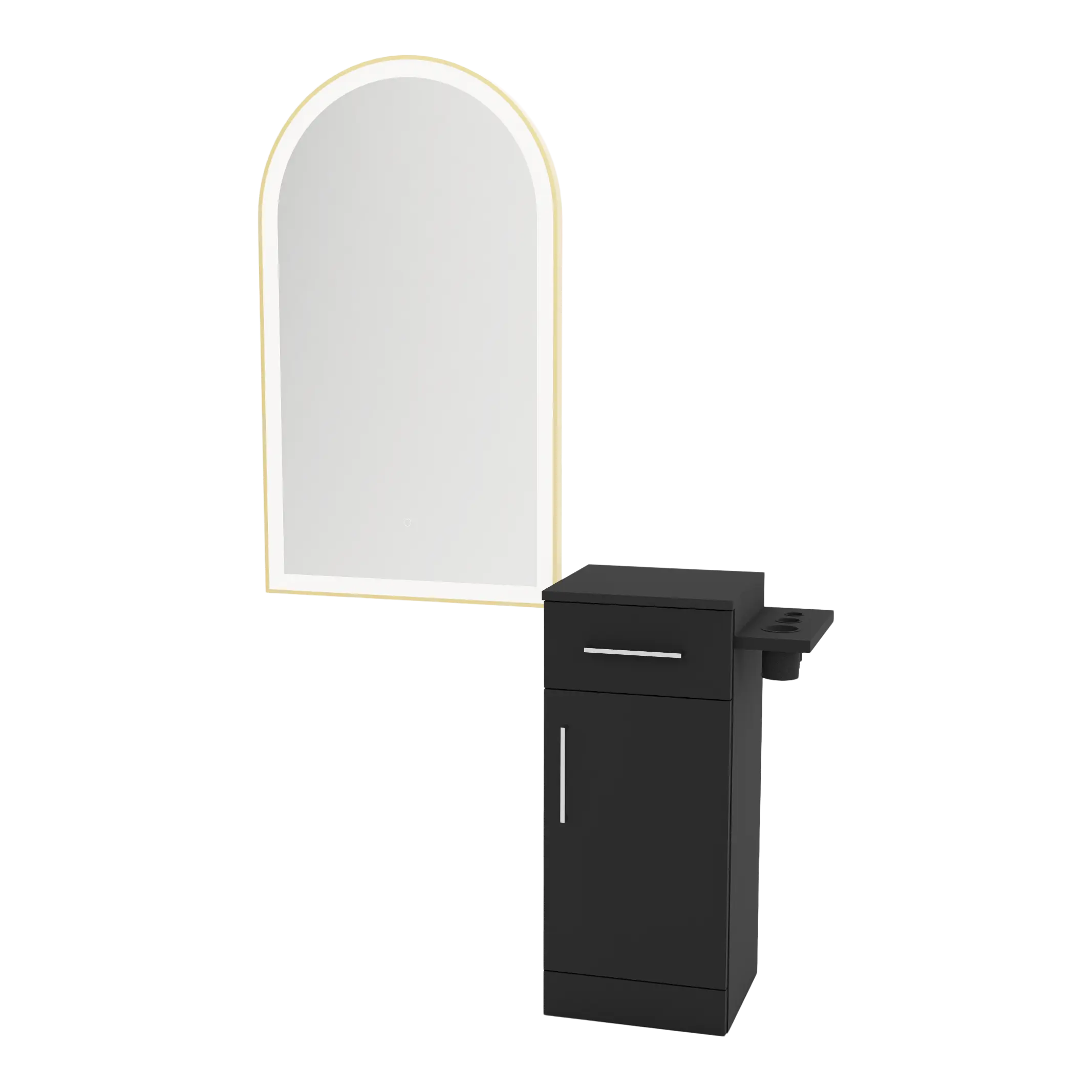 Nova Tower Free Standing Styling Station with Side-Mount Appliance Holder and Gold Arch Paloma Mirror