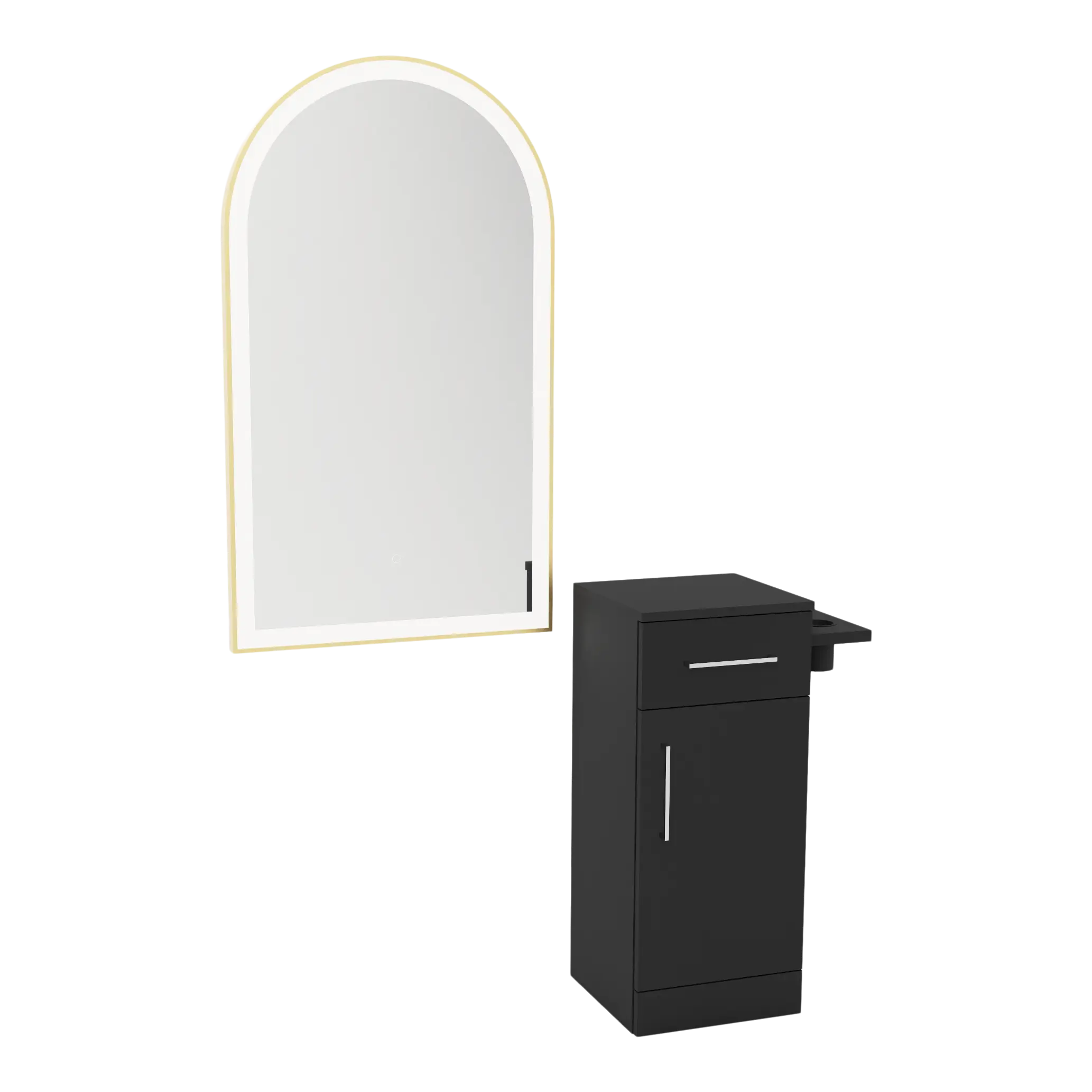 Nova Tower Free Standing Styling Station with Side-Mount Appliance Holder and Gold Arch Paloma Mirror