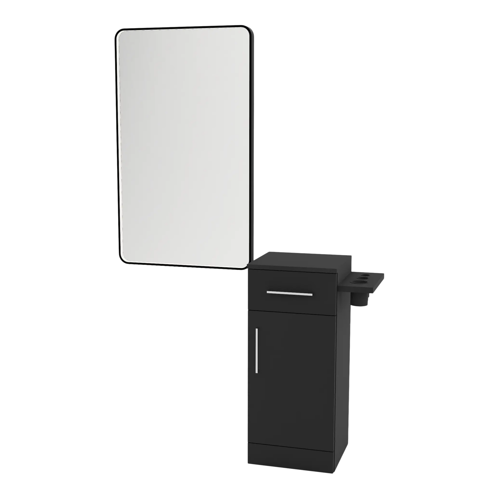 Nova Tower Free Standing Styling Station with Side-Mount Appliance Holder and Black Rectangle Westin Mirror