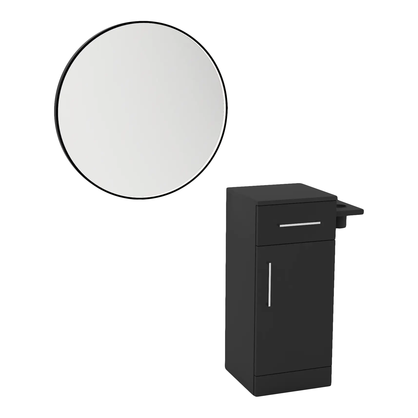 Nova Tower Free Standing Styling Station with Side-Mount Appliance Holder and Black Round Westin Mirror