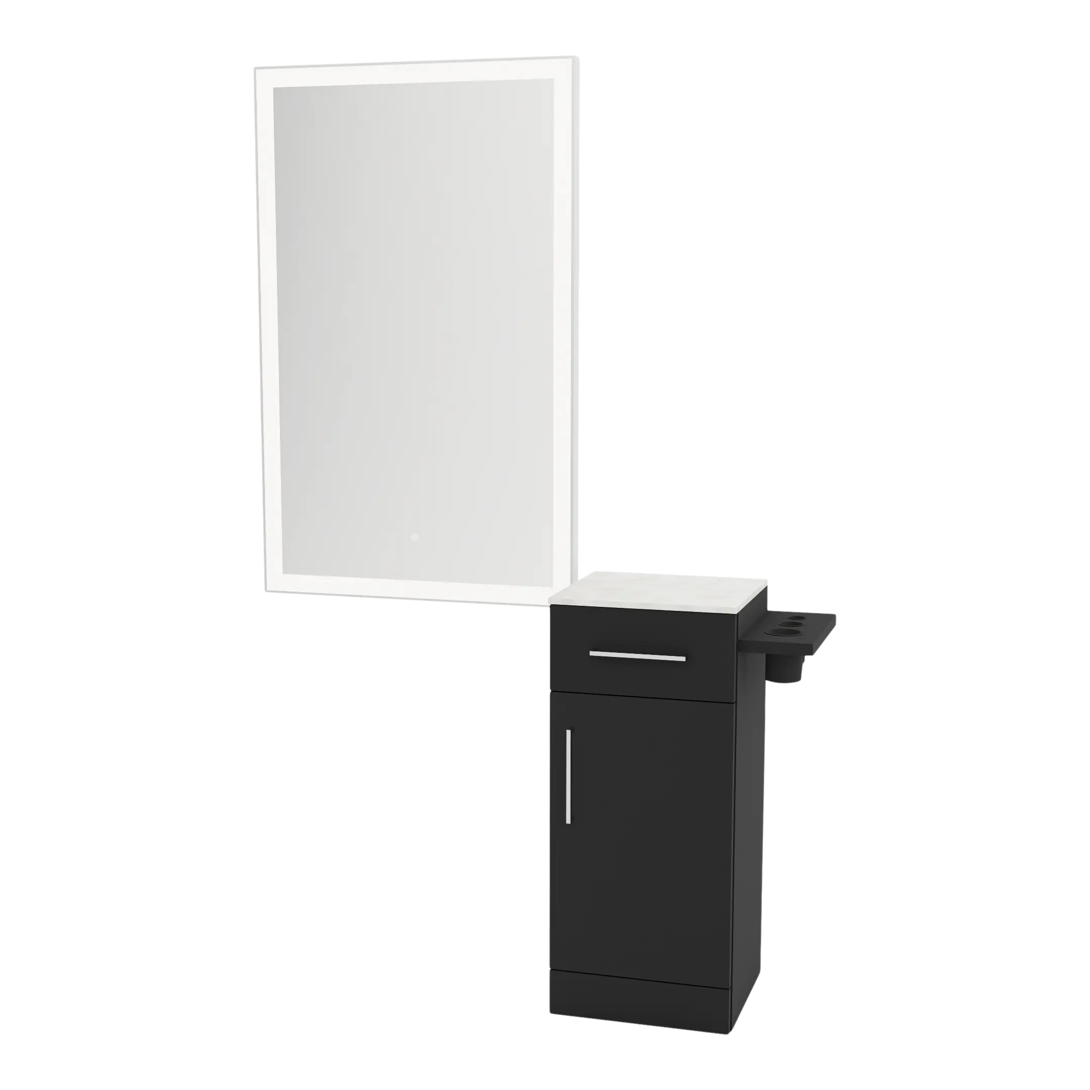 Nova Wall Mount Styling Station with Concealed Appliance Holder, Solid Surface Countertop, and Silver Rectangle Glo Mirror