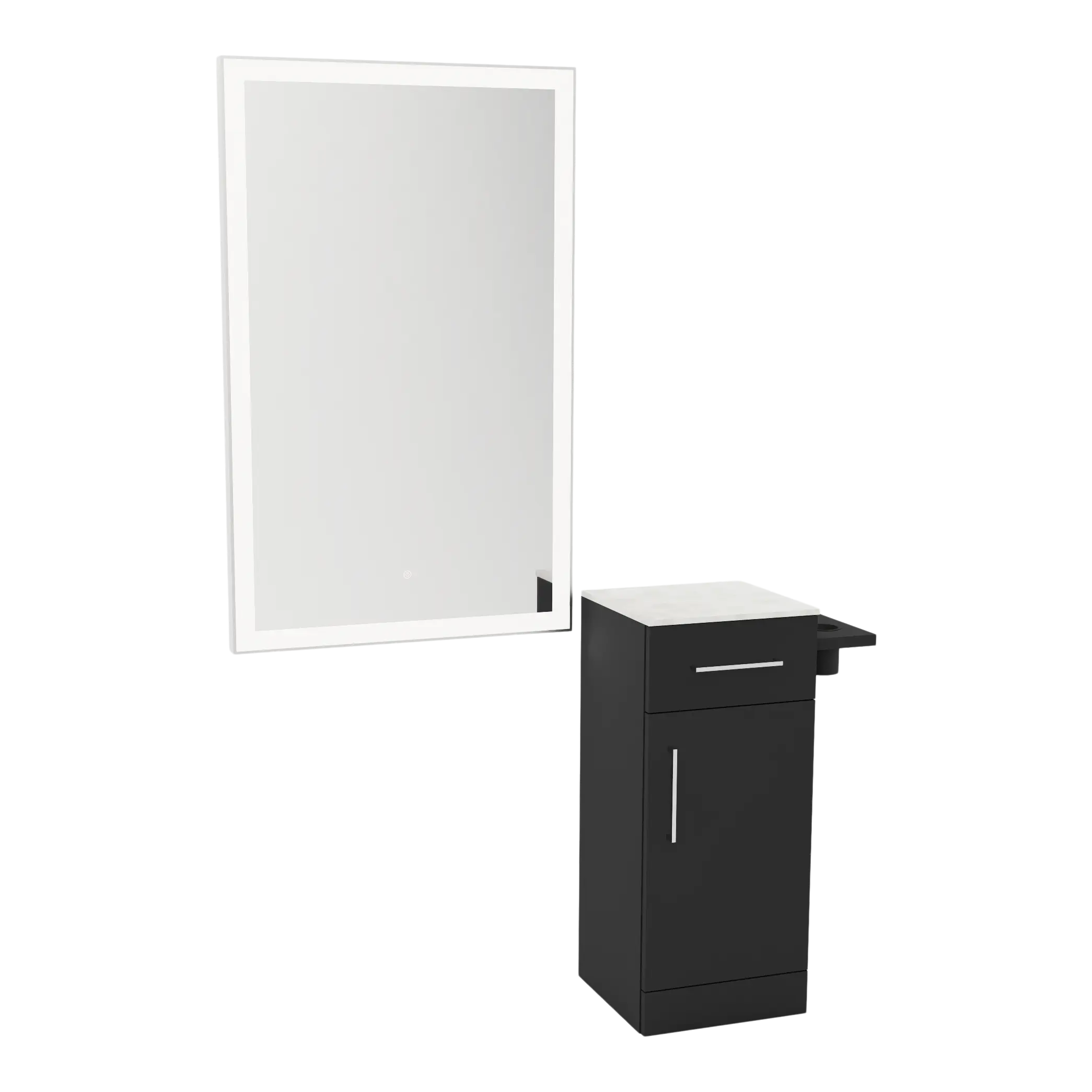 Nova Wall Mount Styling Station with Concealed Appliance Holder, Solid Surface Countertop, and Silver Rectangle Glo Mirror
