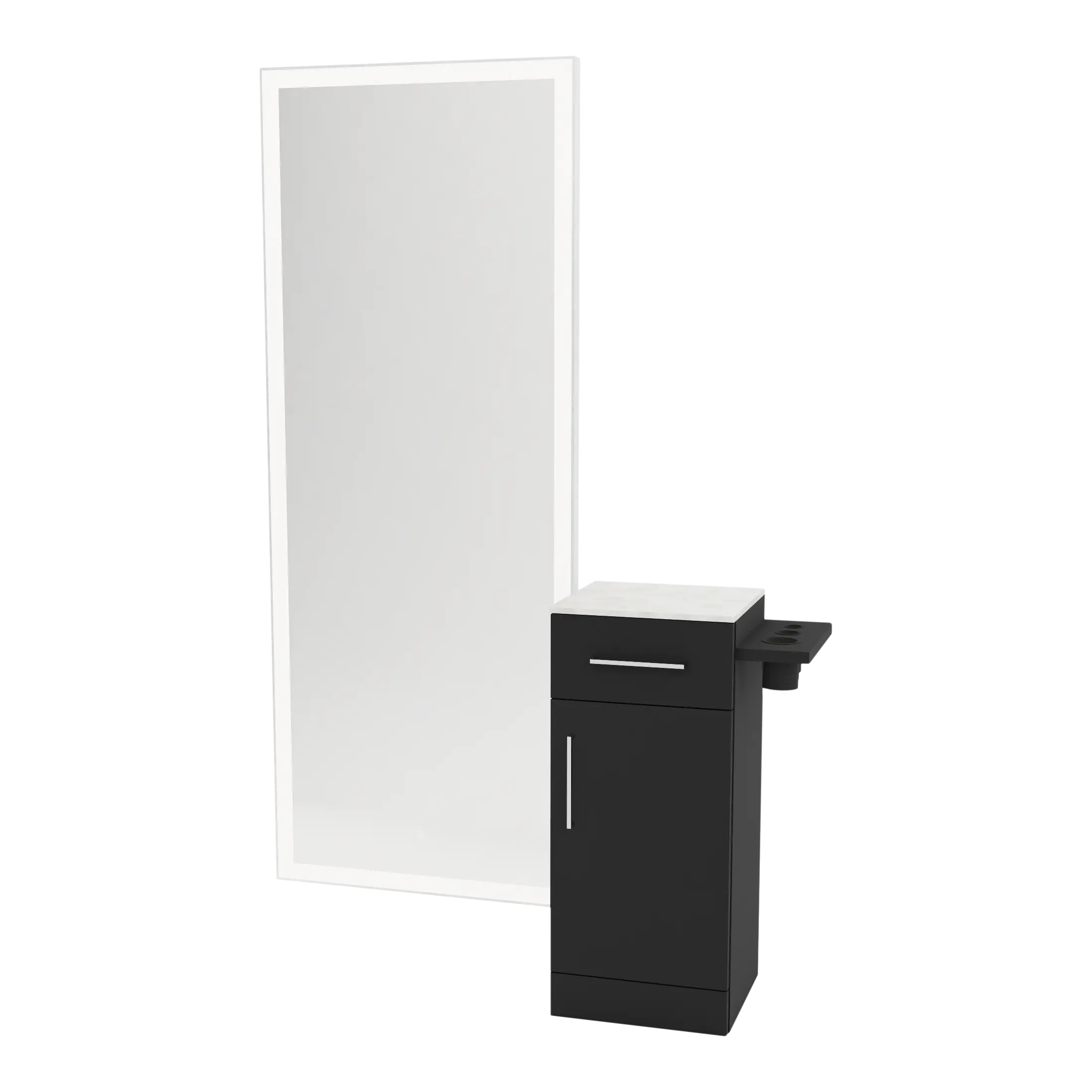 Nova Tower Free Standing Styling Station with Side-Mount Appliance Holder, Solid Surface Countertop, and Silver Full-Length Rectangle Glo Mirror