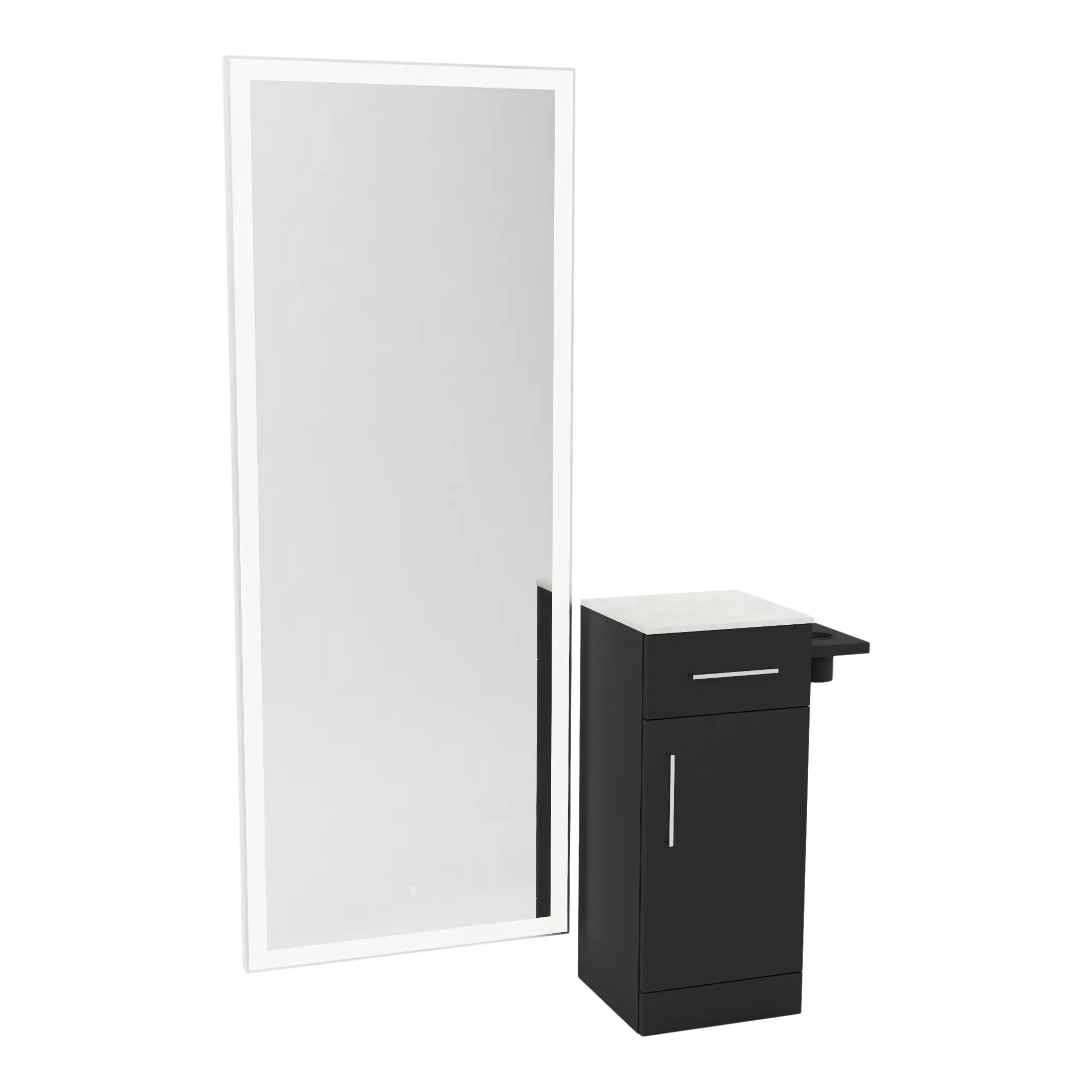 Nova Tower Free Standing Styling Station with Side-Mount Appliance Holder, Solid Surface Countertop, and Silver Full-Length Rectangle Glo Mirror