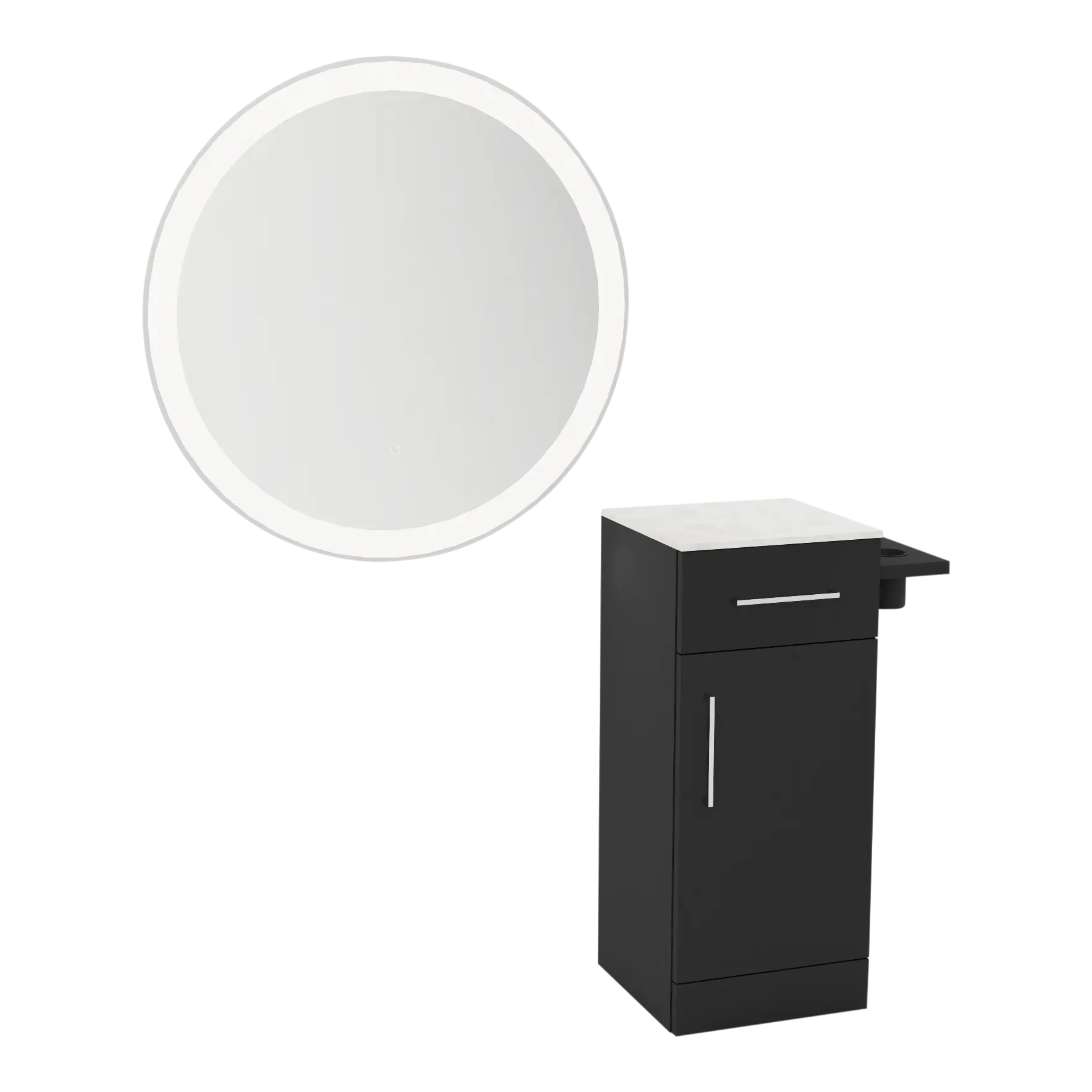 Nova Tower Free Standing Styling Station with Side-Mount Appliance Holder, Solid Surface Countertop, and Silver Round Glo Mirror