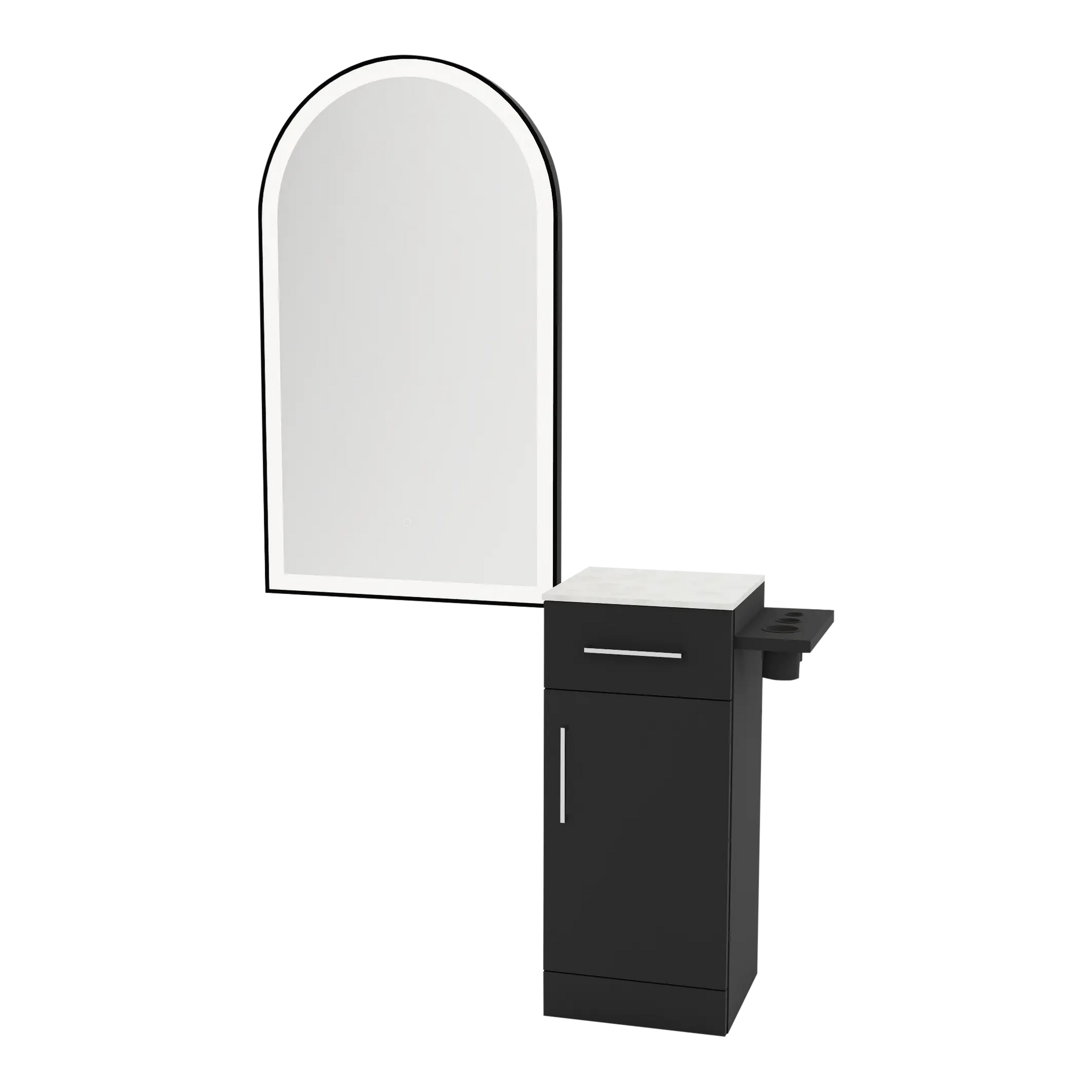 Nova Tower Free Standing Styling Station with Side-Mount Appliance Holder, Solid Surface Countertop, and Black Arch Paloma Mirror