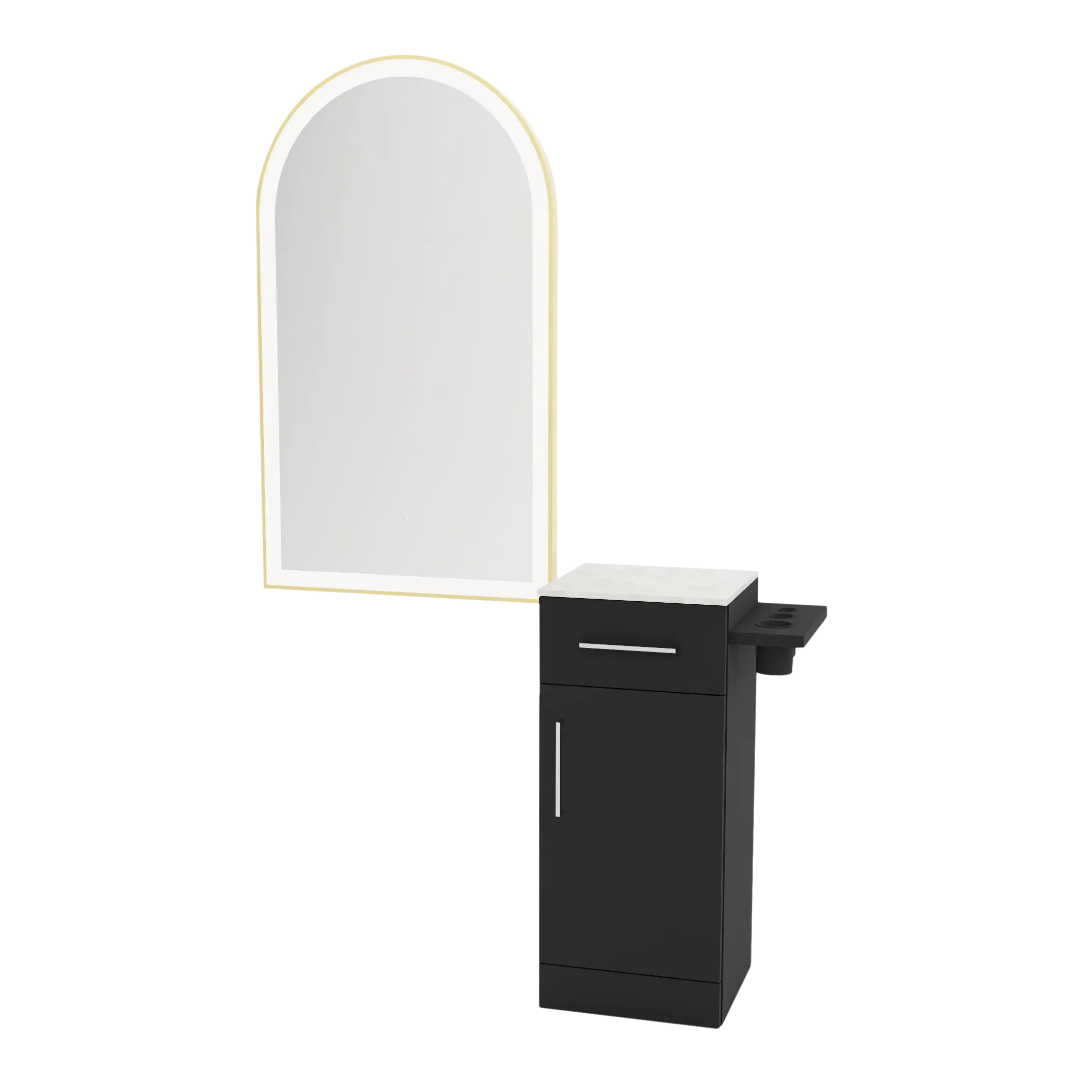 Nova Tower Free Standing Styling Station with Side-Mount Appliance Holder, Solid Surface Countertop, and Gold Arch Paloma Mirror