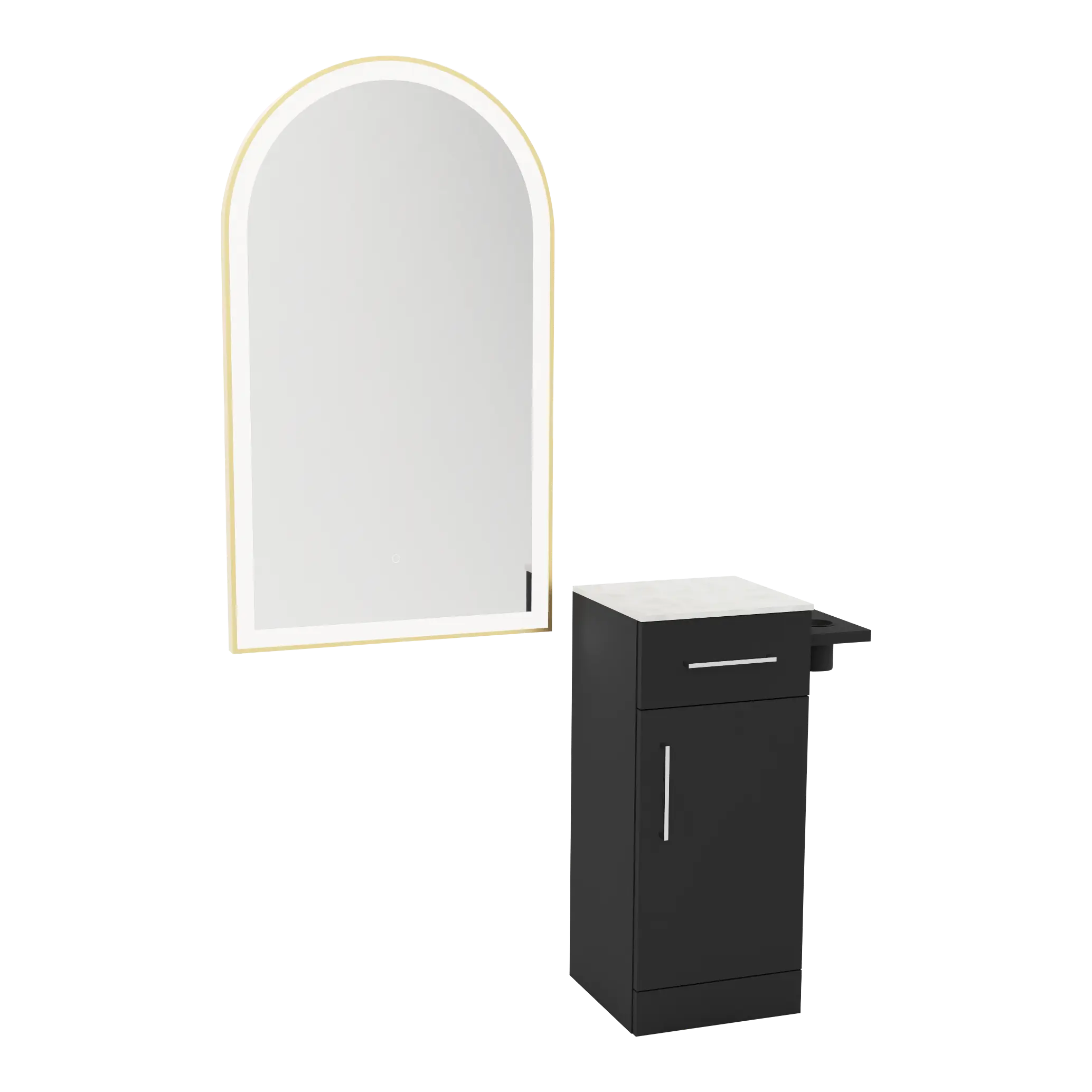 Nova Tower Free Standing Styling Station with Side-Mount Appliance Holder, Solid Surface Countertop, and Gold Arch Paloma Mirror