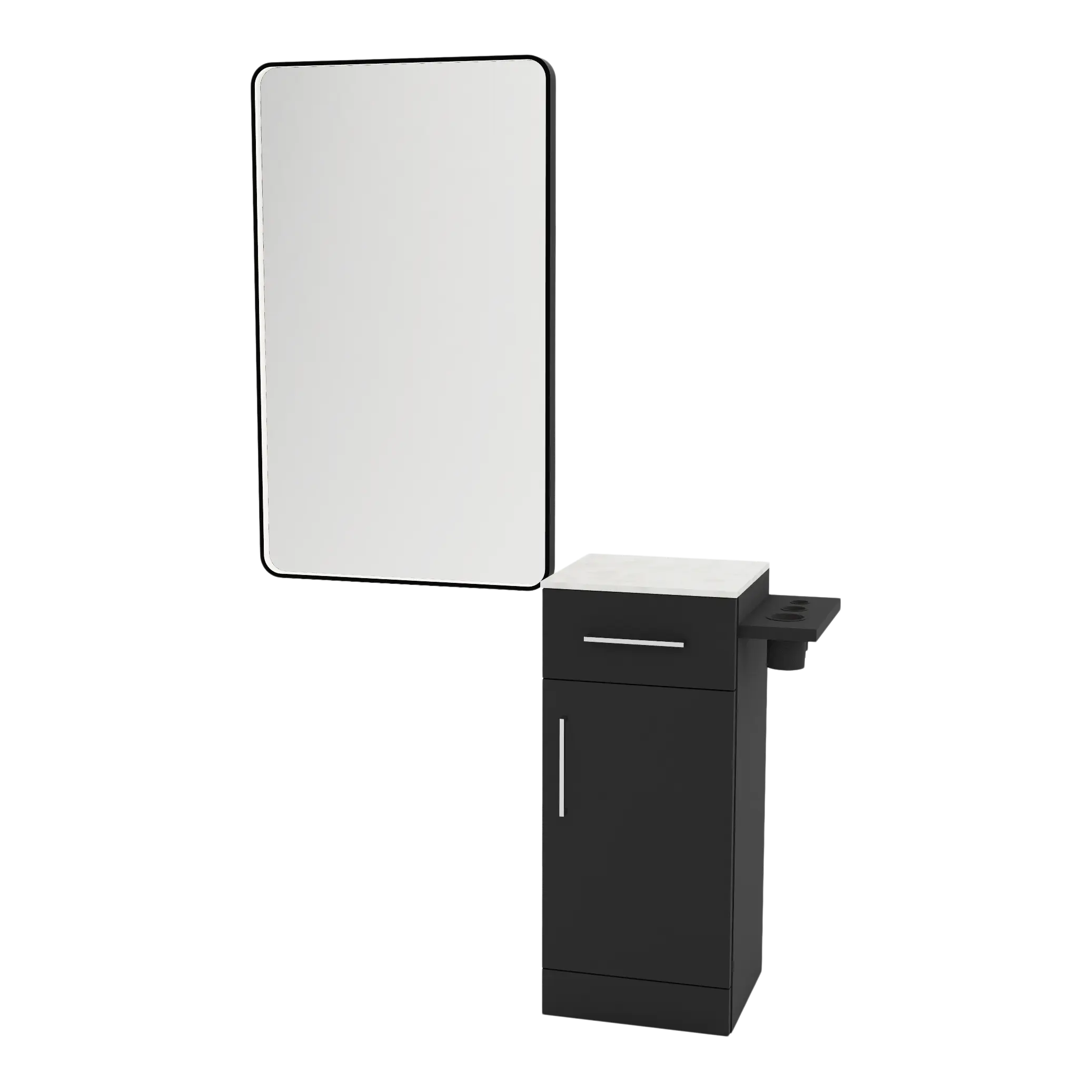 Nova Tower Free Standing Styling Station with Side-Mount Appliance Holder, Solid Surface Countertop, and Black Rectangle Westin Mirror