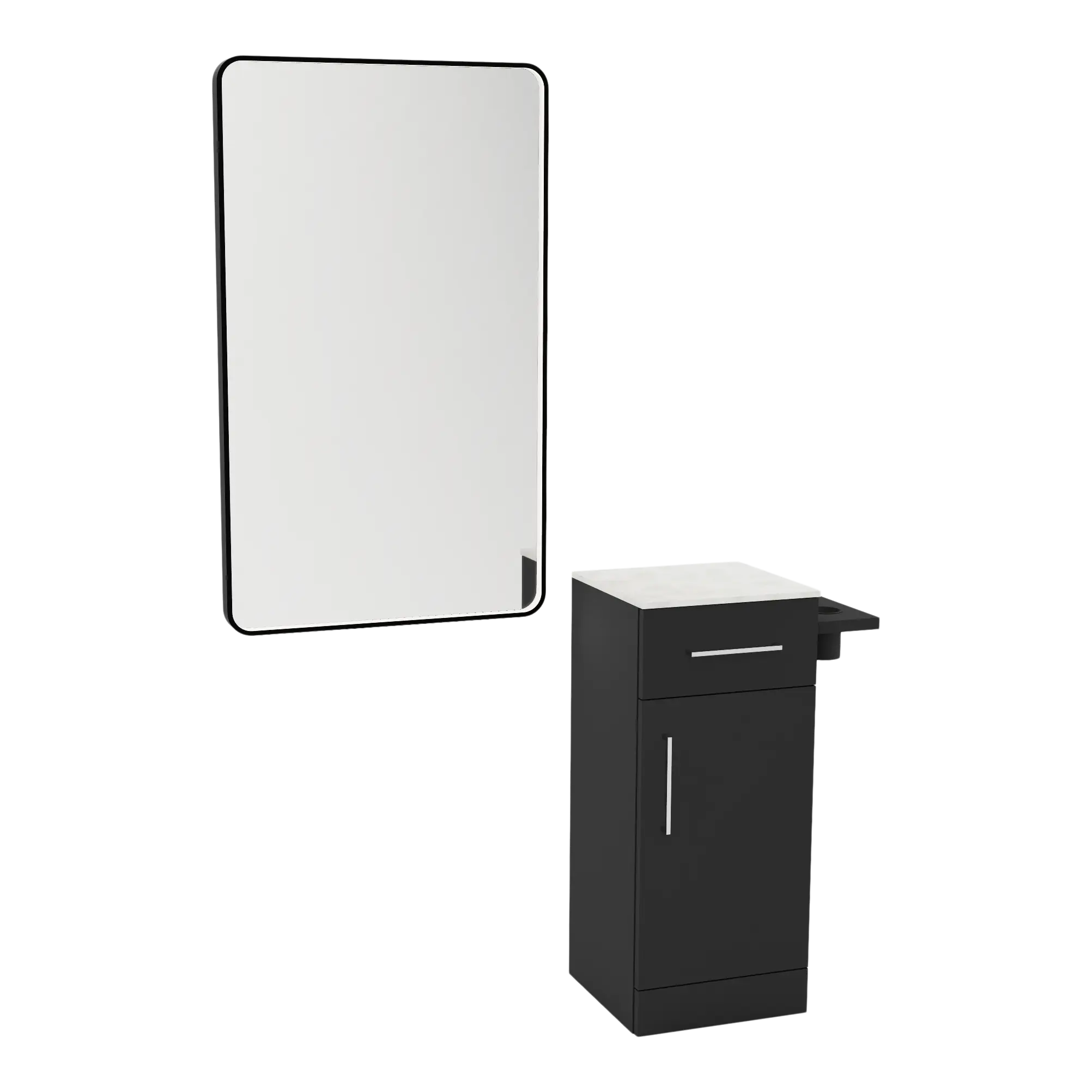 Nova Tower Free Standing Styling Station with Side-Mount Appliance Holder, Solid Surface Countertop, and Black Rectangle Westin Mirror