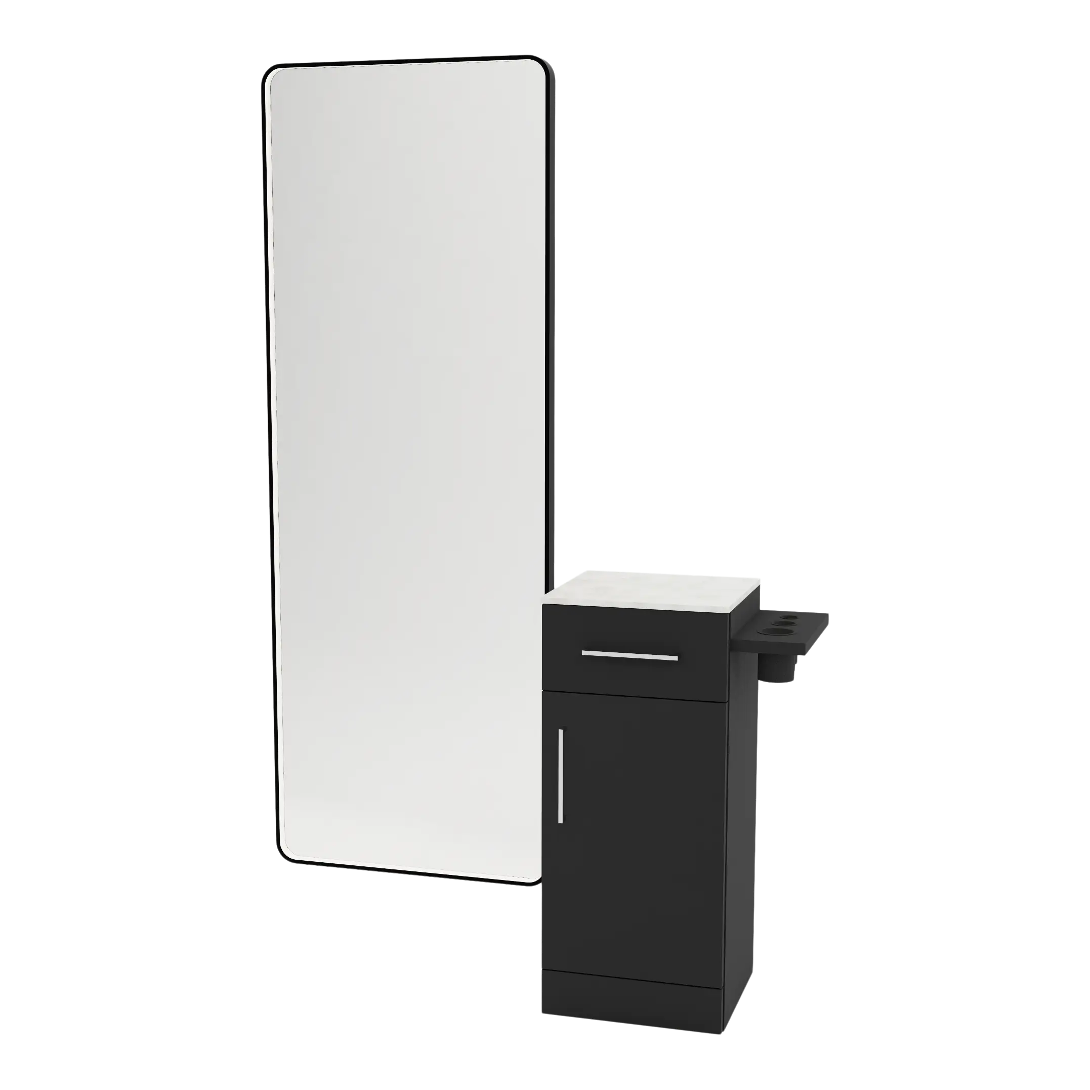 Nova Tower Free Standing Styling Station with Side-Mount Appliance Holder, Solid Surface Countertop, and Black Full-Length Rectangle Westin Mirror