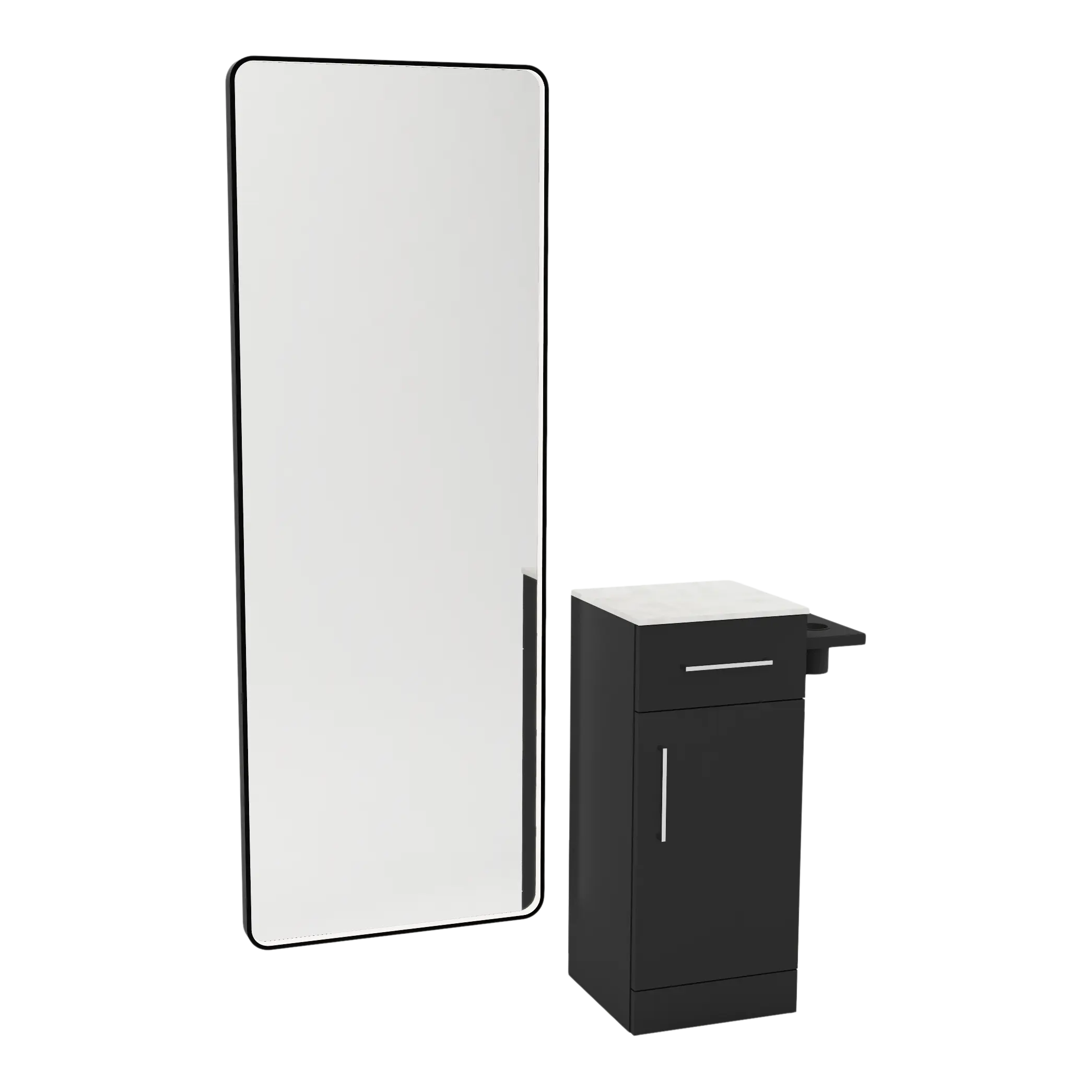 Nova Tower Free Standing Styling Station with Side-Mount Appliance Holder, Solid Surface Countertop, and Black Full-Length Rectangle Westin Mirror